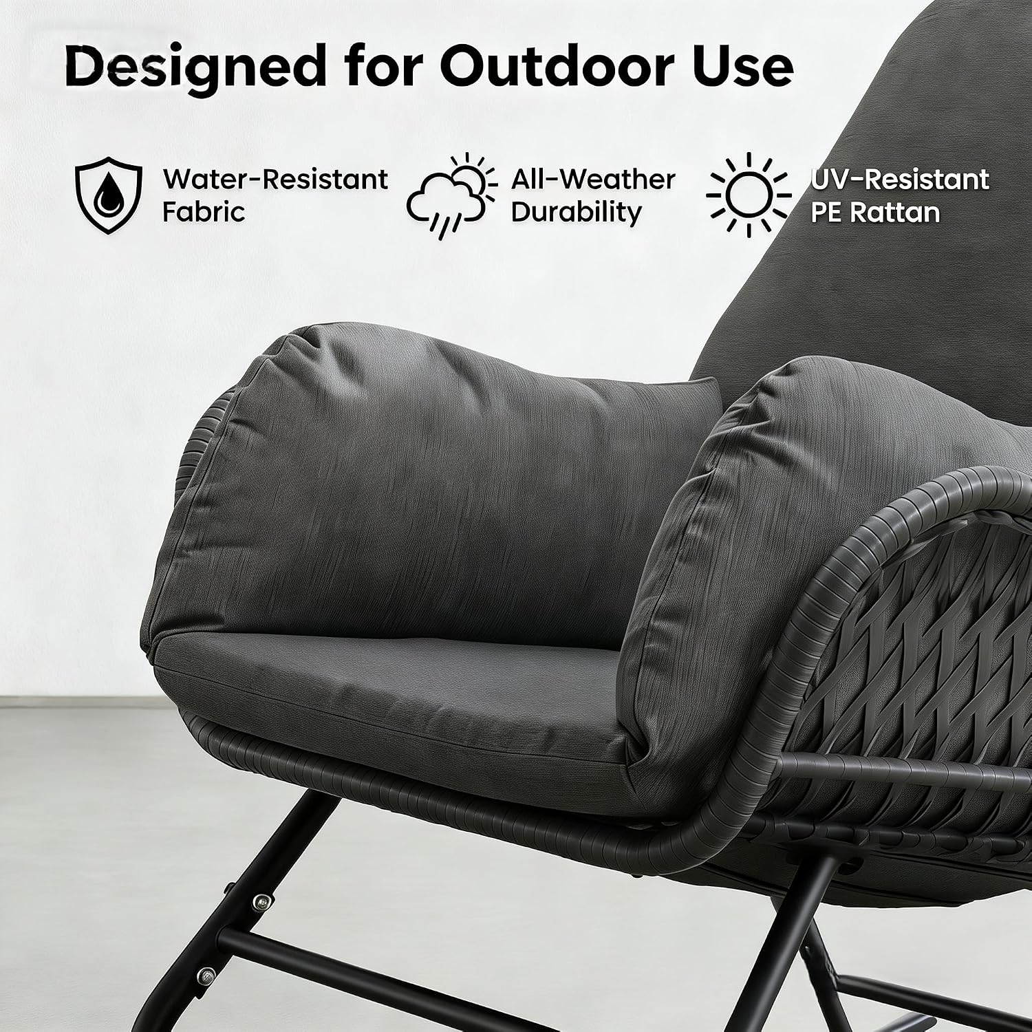 YDcosyfy Outdoor Wicker Rocking Chair with Ottoman Set of 2, Patio Rocker Chair with Cushions, Steel Frame Support, All-Weather Furniture, for Porch, Balcony, Indoor