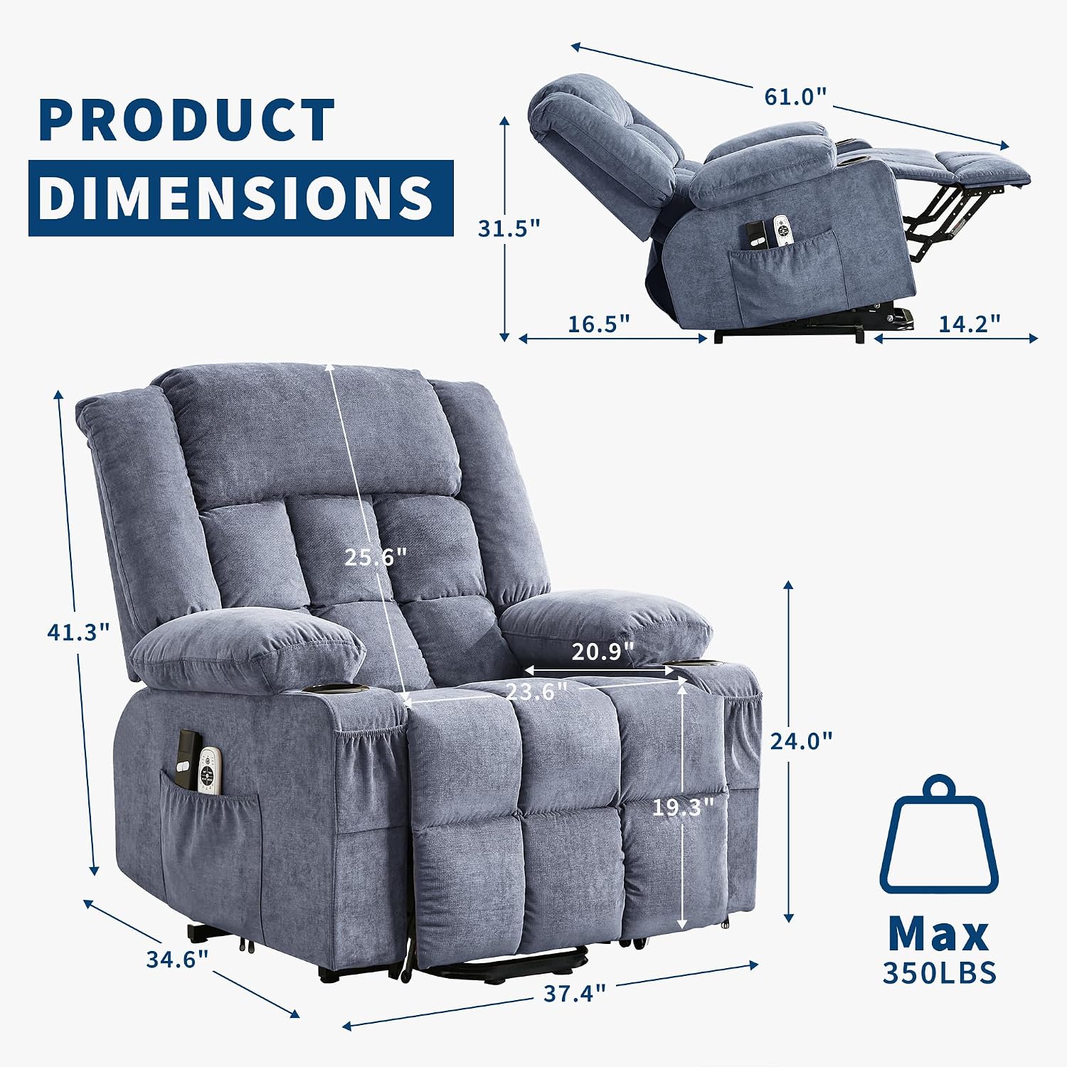 Power Lift Recliner Chair for Elderly Adults 8-Point Massage Lumbar Heating 90/120/150° 3 Recline Positions Motorized Lift Assist Remote Control 2 Side Pockets 2 Cup Holders USB Charging Ports