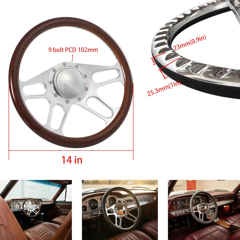 14'' Billet 4-Slot Half Wrap 9 Bolts Steering Wheel with 2'' Dish and Horn Button Compatible with Chevy, Ford, GM (Black)