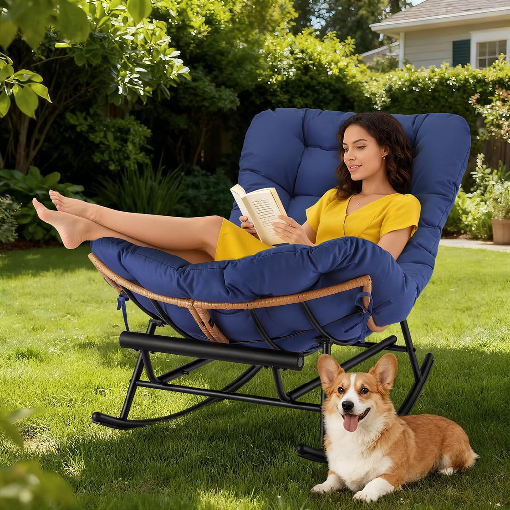 Indoor Papasan Rocking Chair, Rattan Rocker with Extendable Footrest & Detachable Polyester Cushion, 450lbs Sturdy Large Reading Lounge for Indoor Bedroom Living Room, Royal Blue
