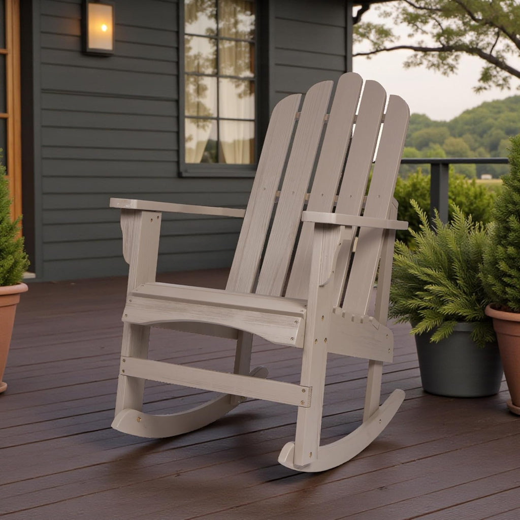 Shine Company Marina Adirondack Porch Rocker, Indoor Outdoor Wood Rocking Chair, Graystone