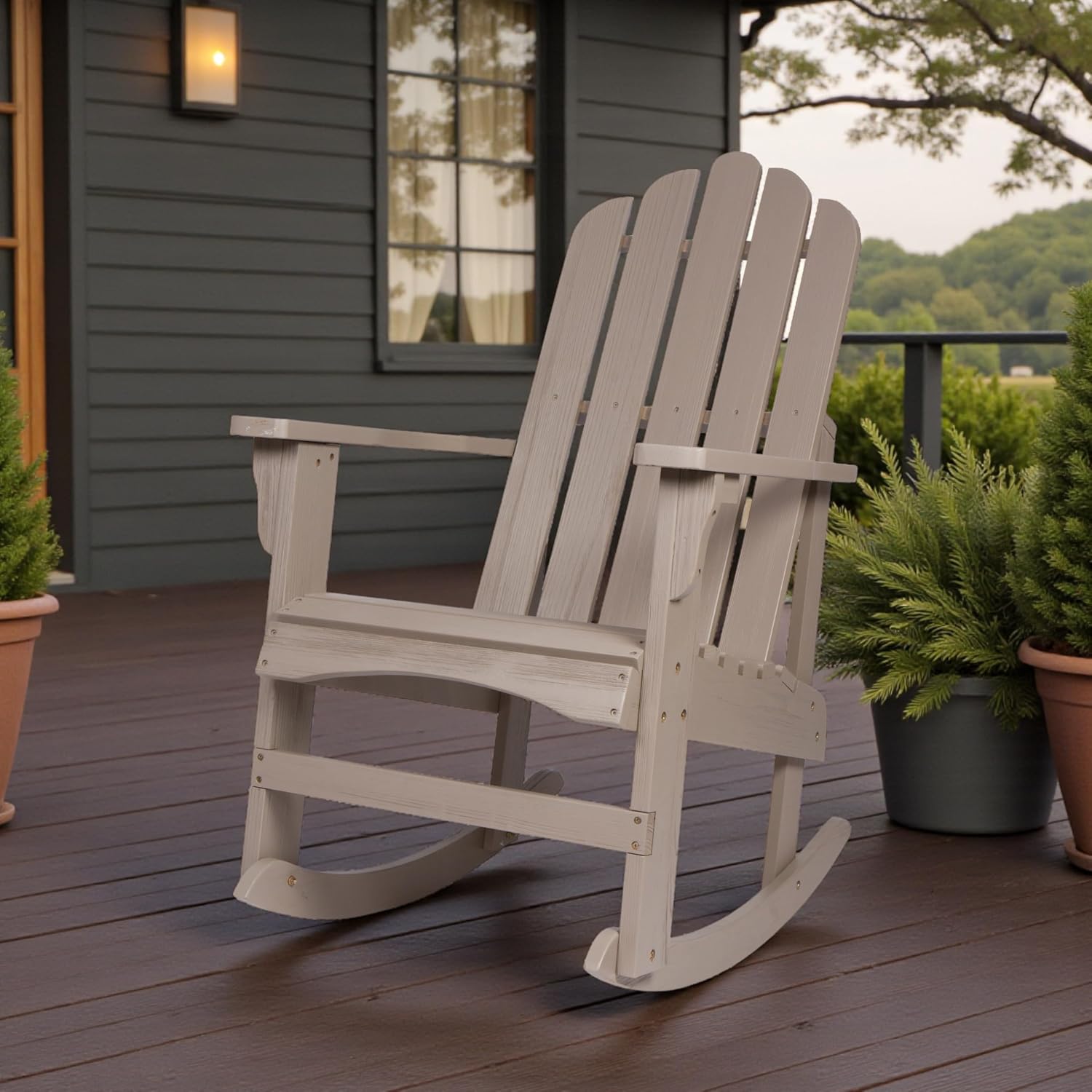 Shine Company Marina Adirondack Porch Rocker, Indoor Outdoor Wood Rocking Chair, Graystone