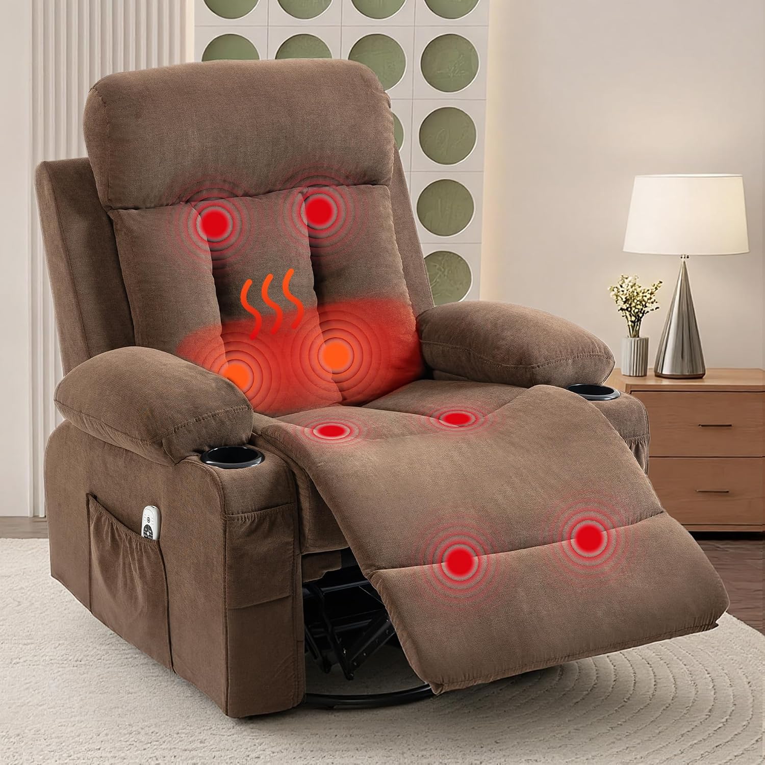360 Swivel Rocking Chair, Rocker Recliner with Vibration Massage and Heat, Ergonomic Lounge Chair with Rocking Function, Side Pocket, Cup Holders, Soft Breathable Fabric, Brown