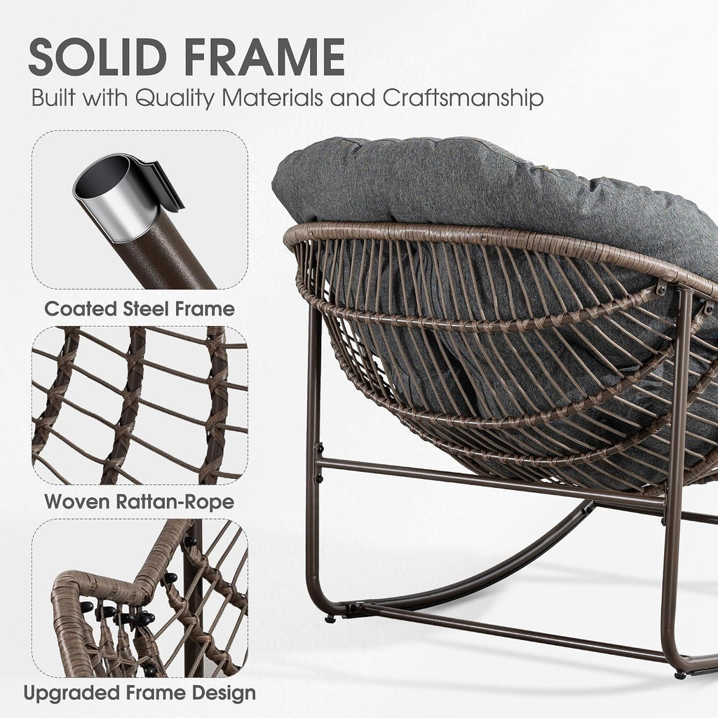 Oversized Papasan Rocking Chair - Outdoor Luxury Comfy Patio Chair Set of 2 Indoor Egg Royal Double Rattan Rocking Chair with Cushion for Front Porch Lounge Lawn Bedroom (Grey)