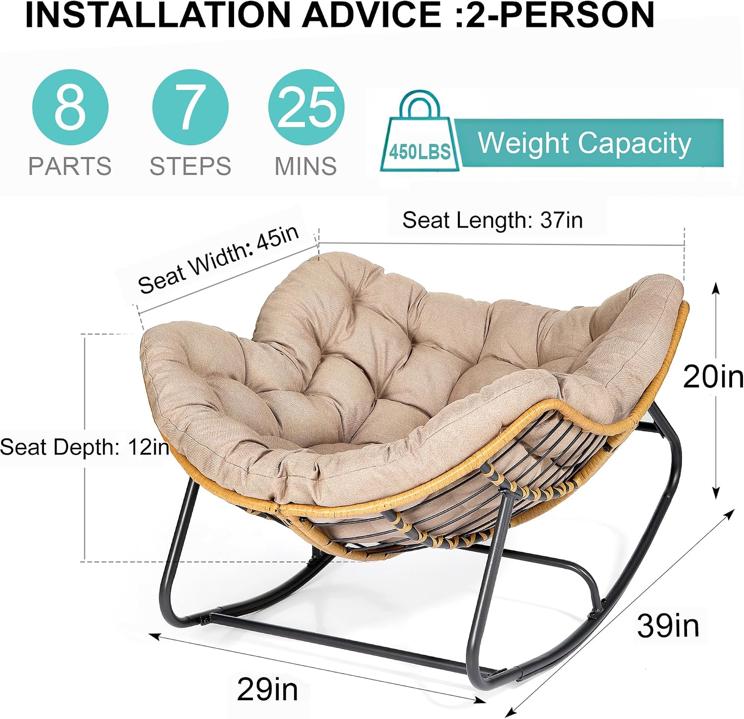 SWITTE Outdoor Rocking Chair, Indoor Papasan Rocking Lounge with Thick Cushion, Oversized Cozy Patio Rocker for Bedroom, Living Room, Porch, Garden, Lawn-Cream