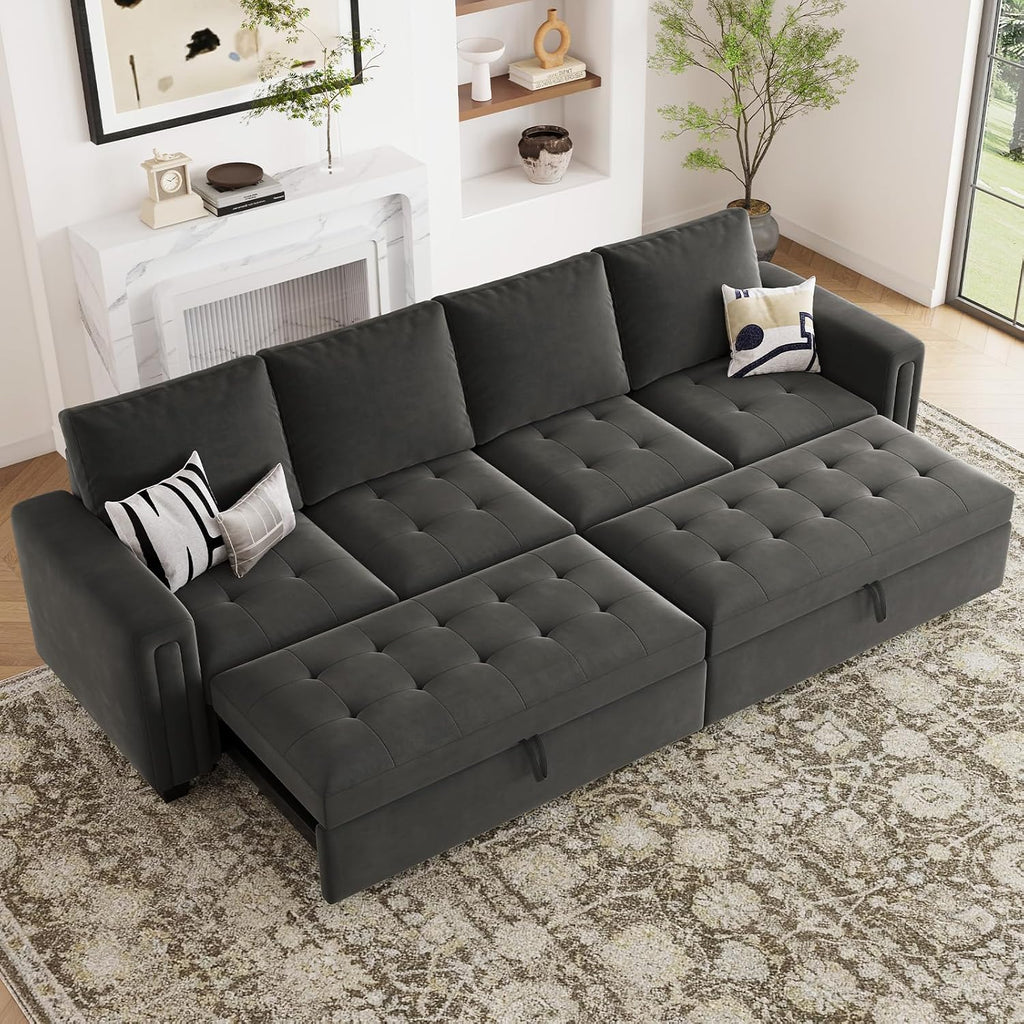 Belffin Modular Sectional Sleeper Sofa with Pull Out Bed Convertible Velvet Sleeper Sofa with Storage Sectional Couches for Living Room Grey