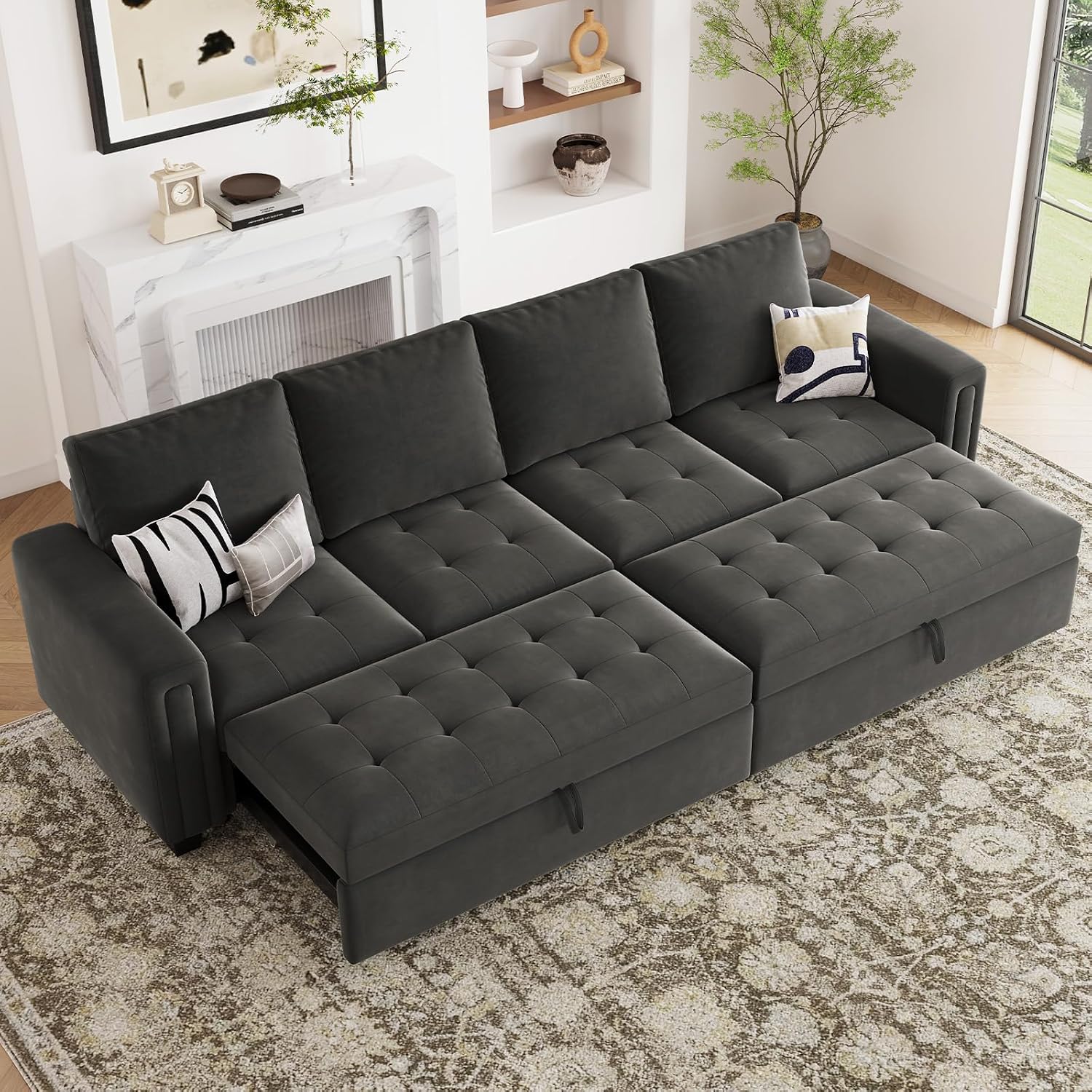 Belffin Modular Sectional Sleeper Sofa with Pull Out Bed Convertible Velvet Sleeper Sofa with Storage Sectional Couches for Living Room Grey