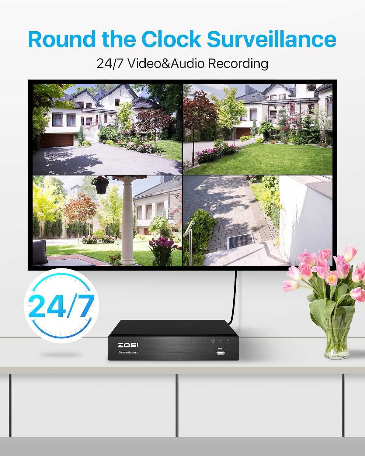 ZOSI 4K POE CCTV Security Camera System,8pcs 4K POE Camera with AI Person Vehicle Detection, 8 Ports 16CH 8MP NVR with 2TB HDD for 24/7 Recording,Color Night Vision, Sound Light Alarm, Two-Way Audio