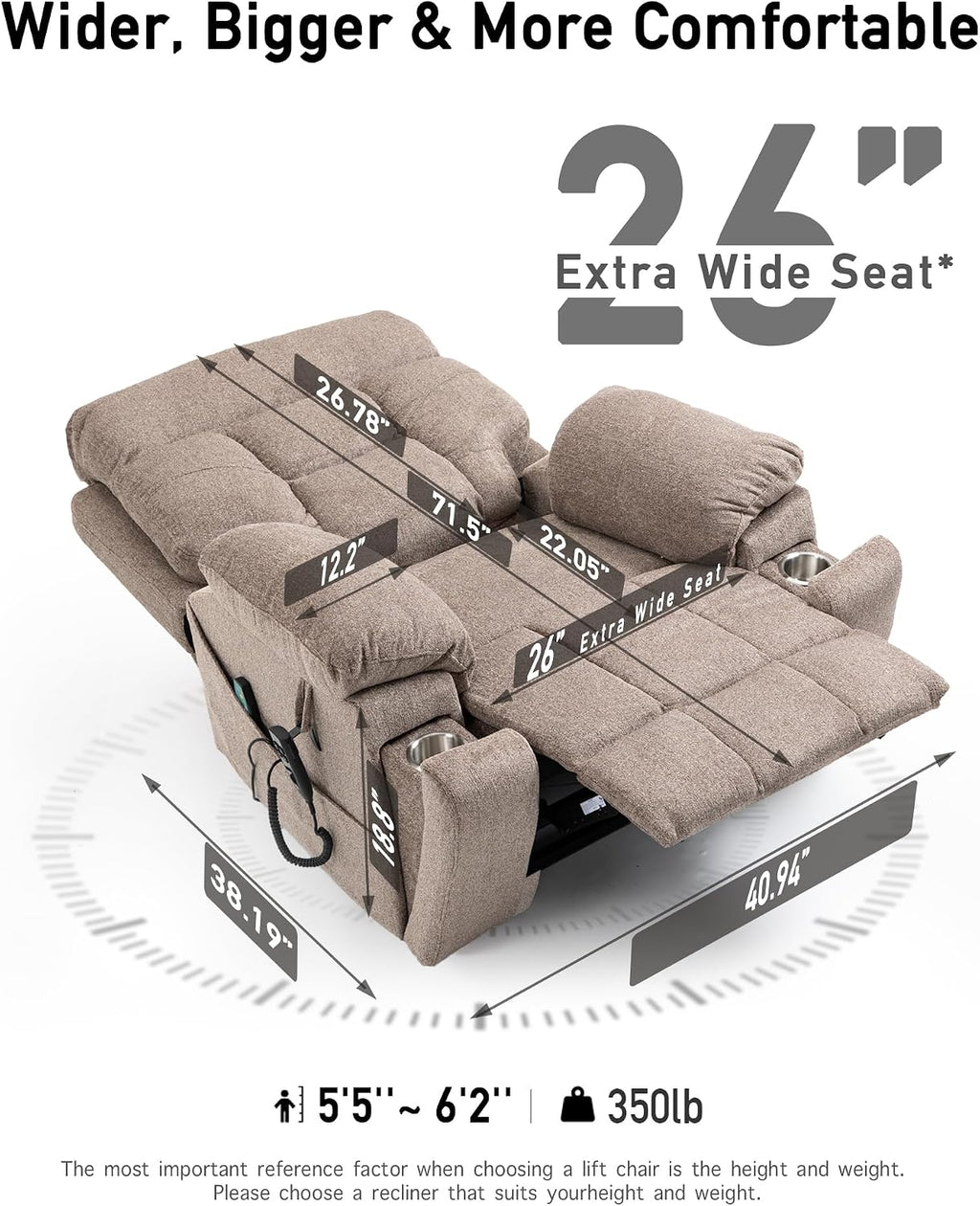 26in Extra Large Lazy Boy Recliner Chair for Tall Men Up to 6'2'/350lb Adjustment Power Lift Recliner Chair with Cupholder, Massage Chair Recliner with Lumbar Heating