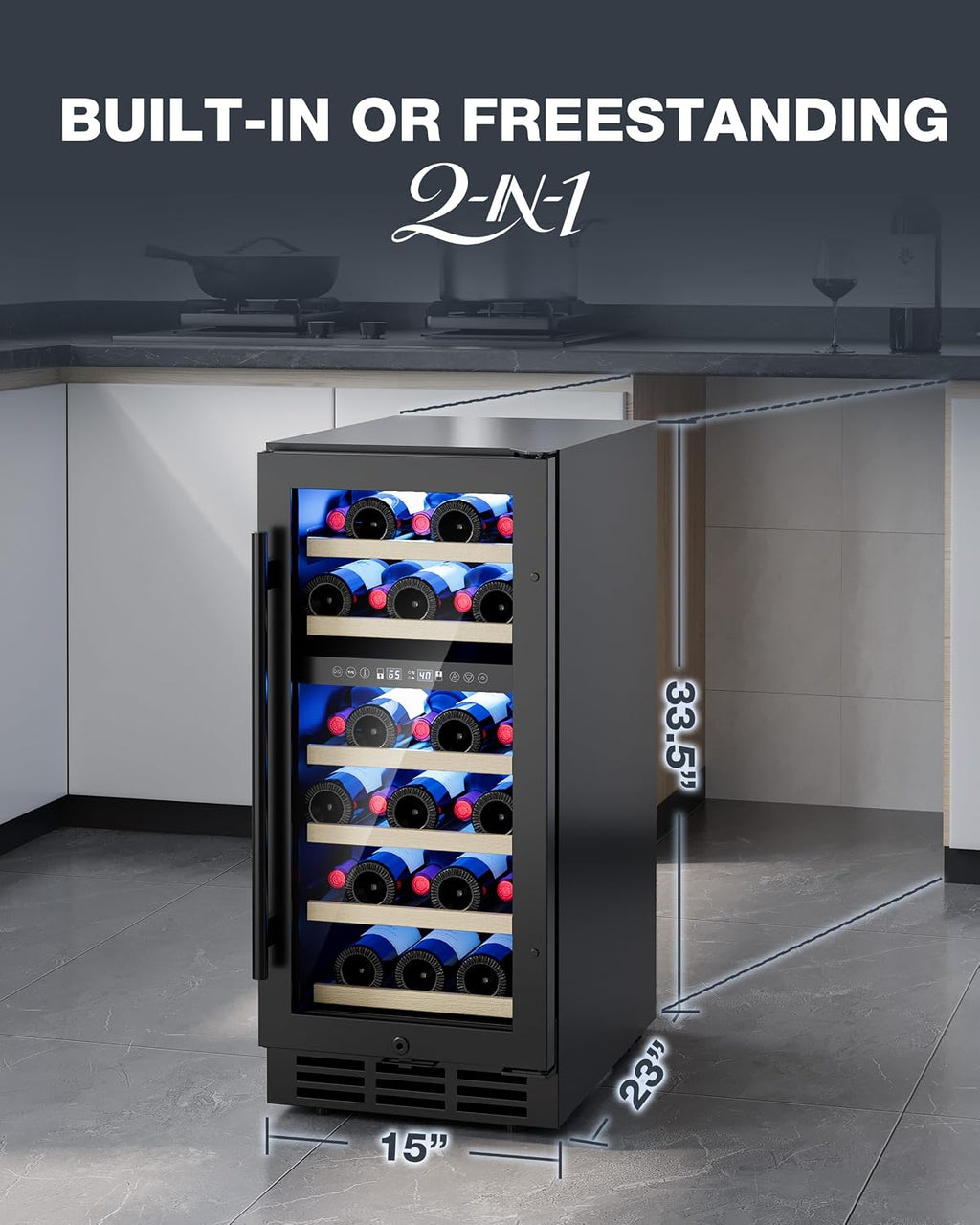 15 Inch Under Counter Refrigerator, 29 Bottle Dual Zone Wine Fridge for Built-In or Freestanding Use, Features Removable Shelves and Glass Door, Small Refrigerator for Home or Office (Black)