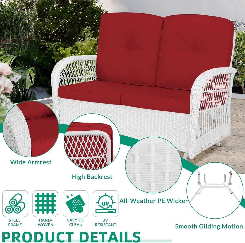 VIVIJASON 2-Piece Patio White Wicker Loveseat Glider Set Cushioned, Outdoor Conversation Furniture Sets with 2-Seater Glider Rocking Bench, Coffee Table and Cushions for Porch Garden Poolside, Red
