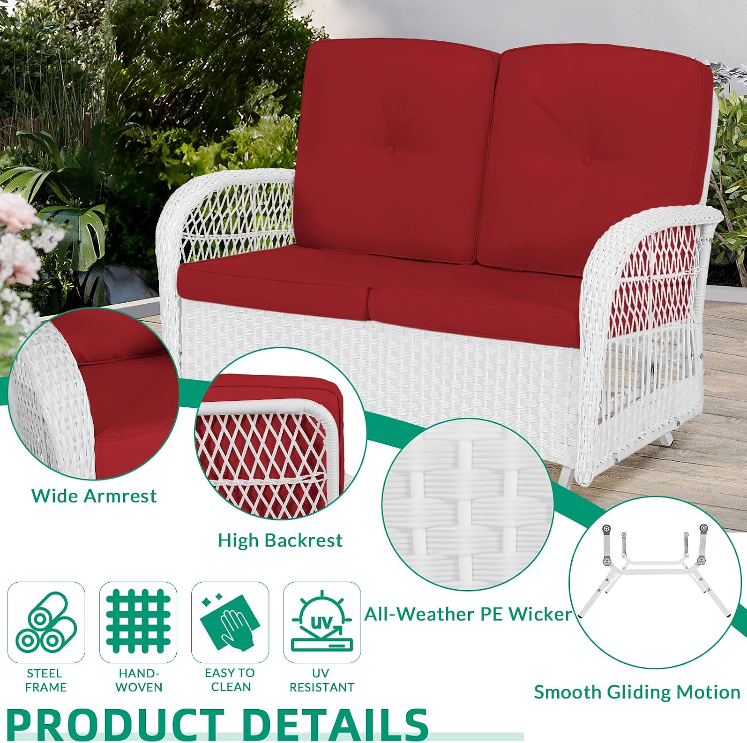 VIVIJASON 2-Piece Patio White Wicker Loveseat Glider Set Cushioned, Outdoor Conversation Furniture Sets with 2-Seater Glider Rocking Bench, Coffee Table and Cushions for Porch Garden Poolside, Red