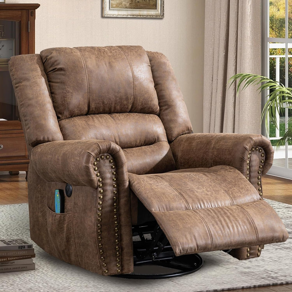 Manual Massage Recliner with Heating Function, 360° Swivel Glider Rocking Recliner Chair for Living Room, Ergonomic Single Sofa Chair with Remote Control/USB Ports/Side Pockets(Brown)