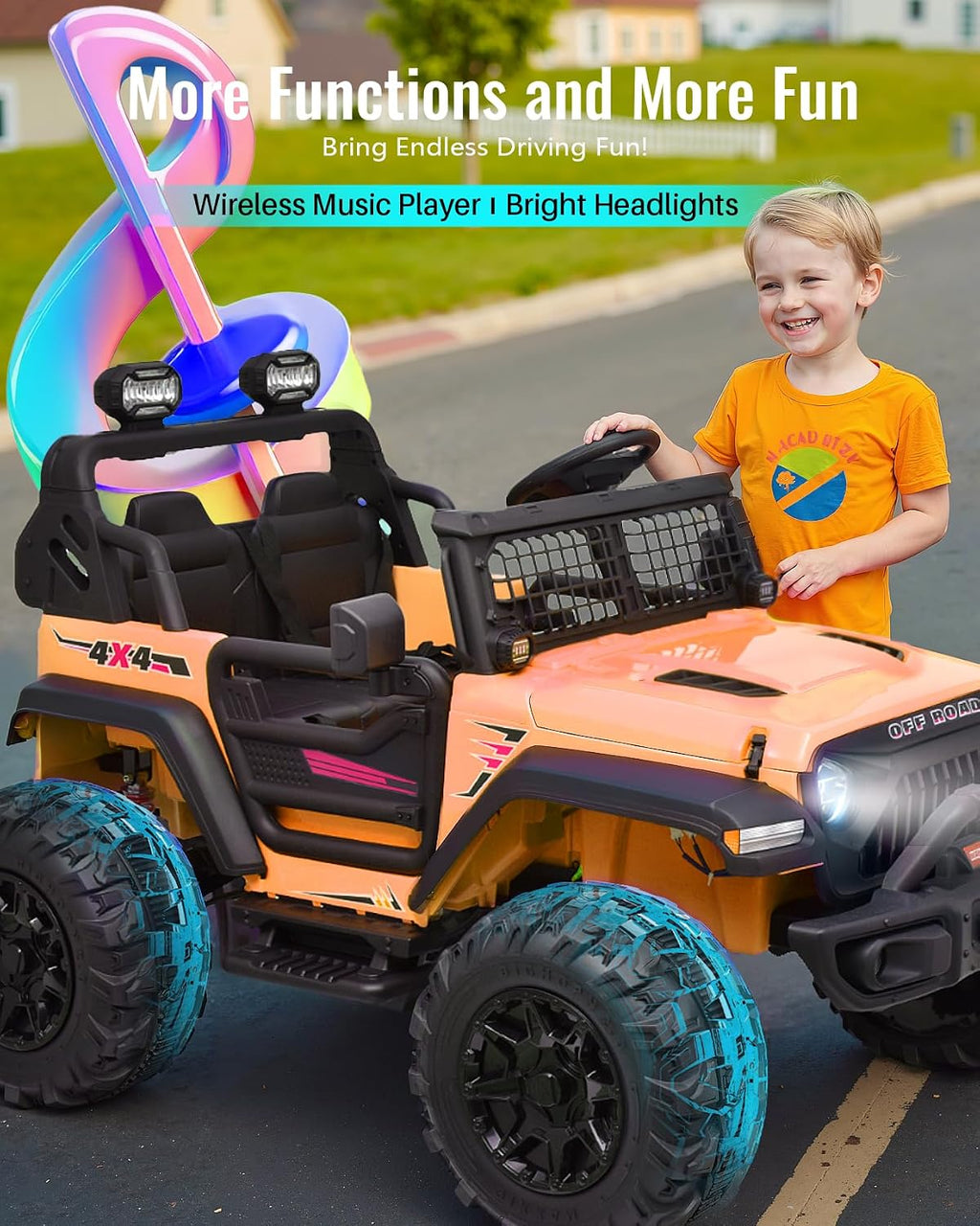 Blitzshark 24V MAX Ride-on Truck 2 Seater 4WD Kids Electric Vehicle 4x4 XXL Battery Powered Car, with 480W Ultra Powerful Motor, 7AH Battery, Remote Control, Full-Metal Suspension& DIY Sticker, Golden
