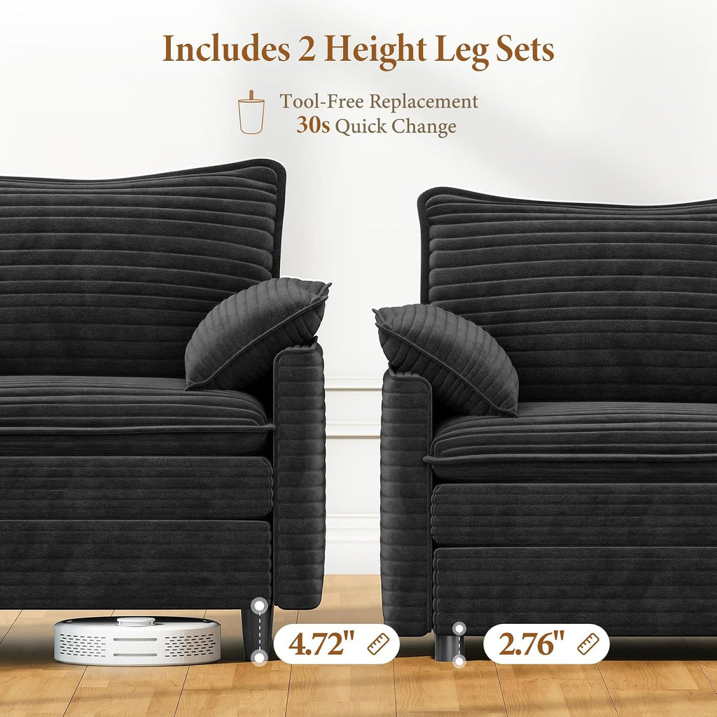 Vesgantti 108' Cloud Couch for Living Room, Deep Seat Sectional Modular Sofa with Ottoman, Double Cushion Corduroy L Shaped Sofas Set Easy Rearrange for Apartment, Office, Bedroom, Dark Grey