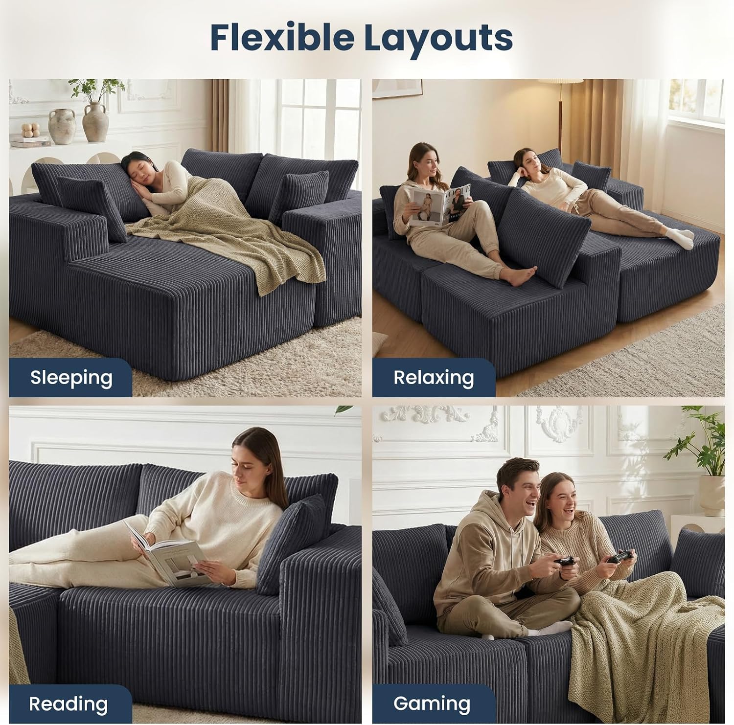 DUMOS 108' Boneless Couch, Cloud Sectional Couch with L-Shape Chaise, Modular Sectional Sofa with Deep Seat, Upholstered Couch for Living Room Bedroom, No Assembly Required, Grey, Left Facing Chaise