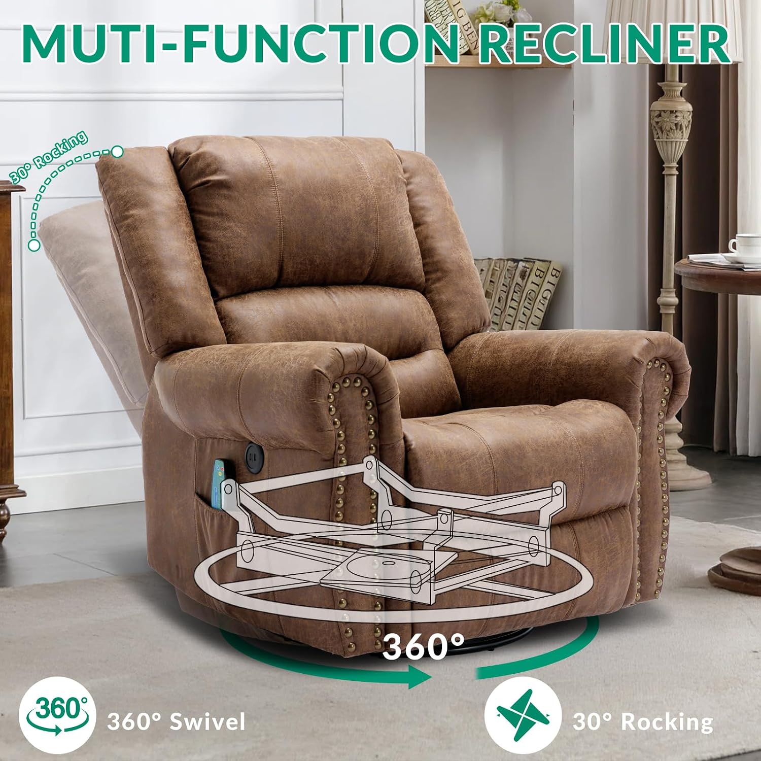 VIVIJASON Massage Swivel Rocker Recliner Chair with Heat & Vibration, 360° Swivel Manual Glider Rocking Reclining Chair with Remote Control, Side Pockets & USB Ports for Living Room, Nut Brown