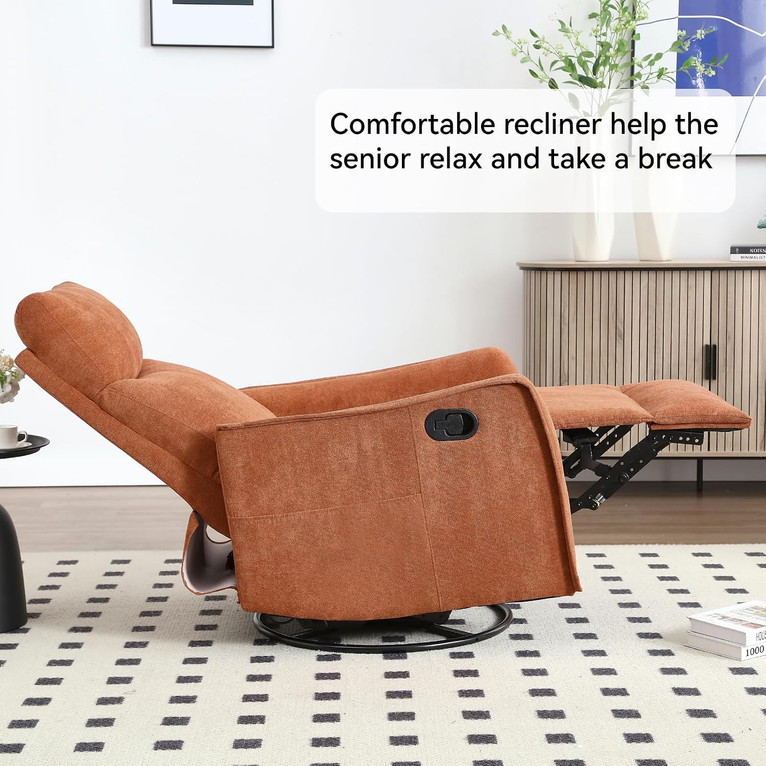 Anwick 360° Swivel Rocker Recliner Chair with Heat and Massage, Manual Upholstered Recliner for Small Spaces, Fabric Glider Nursery Chair with Side Pockets for Living Room (Orange)