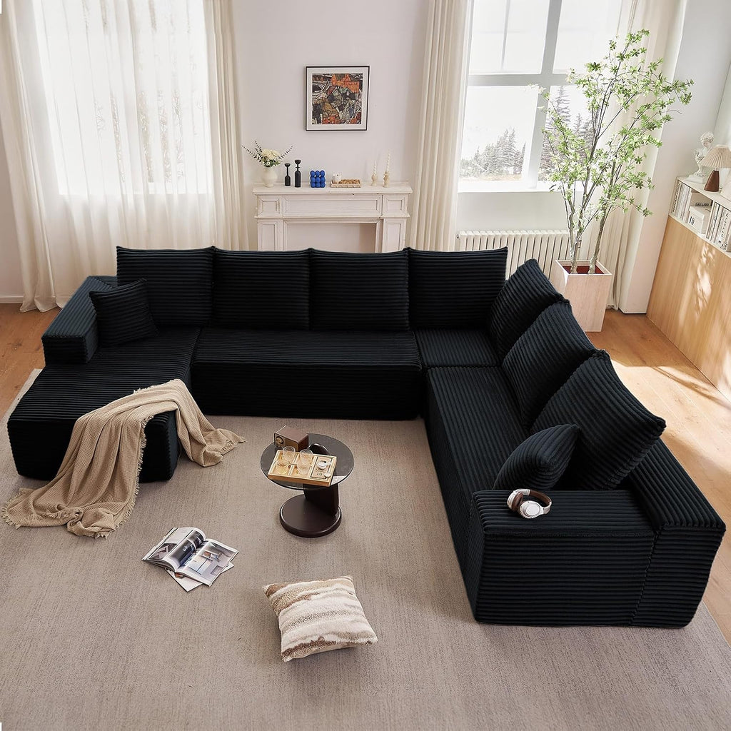 Modern Modular Sectional Sofa, Big Comfy Corduroy Cloud Couch with Deep Seat, Boneless Couch Upholstered 6-Seater U-Shaped Sofa for Living Room, No Assembly Required (Black, Left-Facing Chaise)
