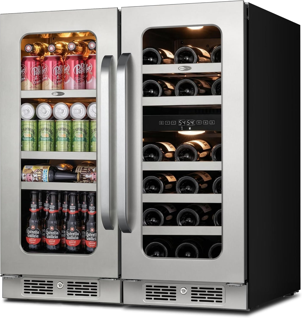 Wine and Beverage Refrigerator, 30' Dual Zone Under Counter Wine Beverage Cooler Built-In or Freestanding Wine Fridge with Glass French Door Holds 80 Can & 29 Bottle