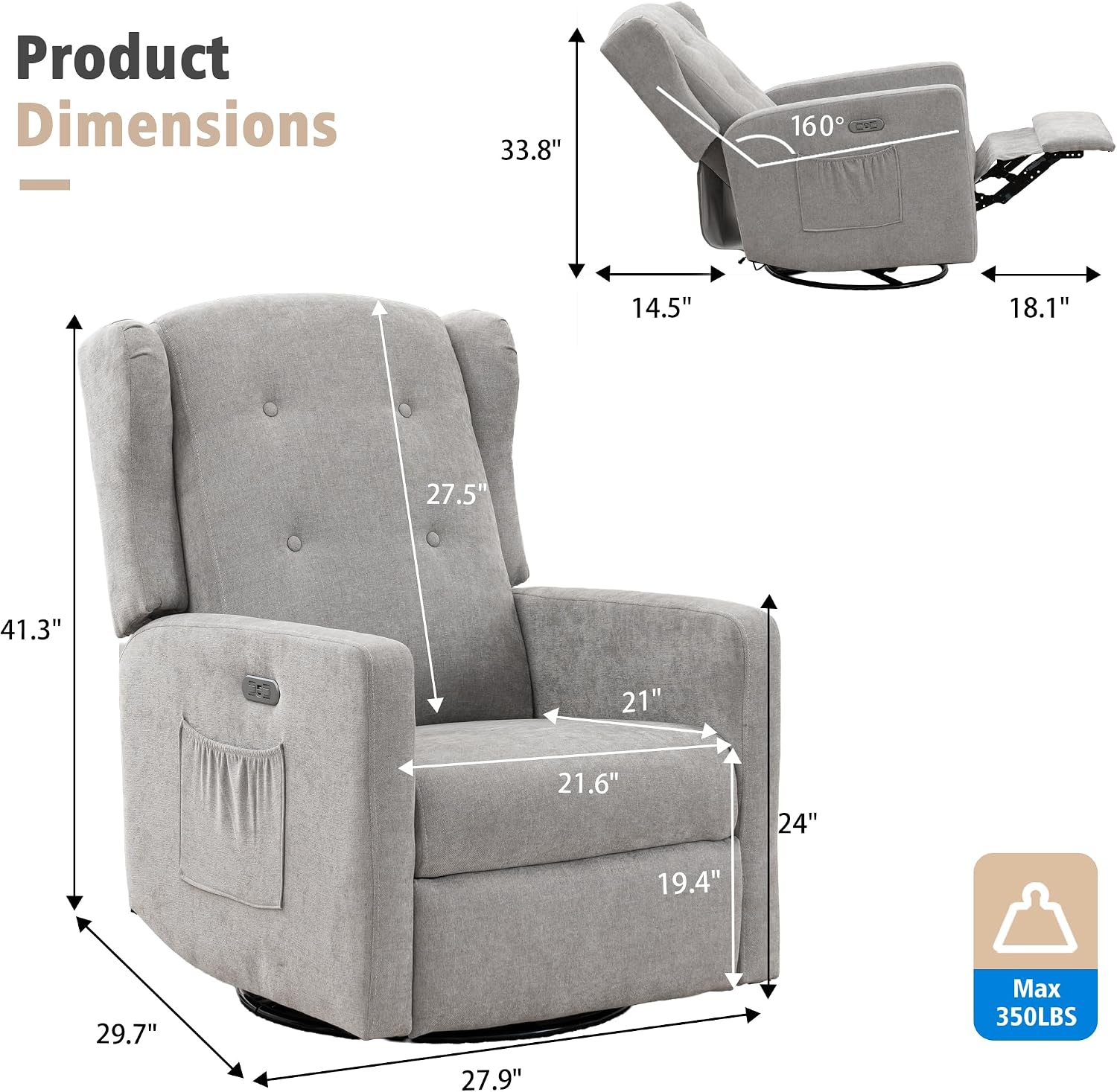 Swivel Rocker Power Recliner Chair for Nursery, 270° Swivel Glider Recliner with USB & Type-C Charging, Electric Reclining Chair with Storage Pockets, Upholstered Recliner for Living Room (Grey)