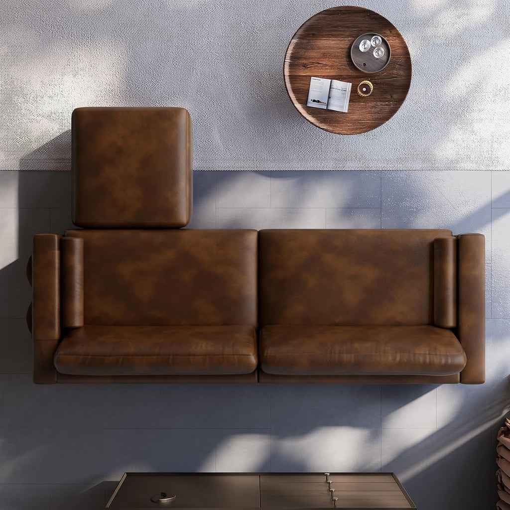 Vesgantti 100' PU Faux Leather Couch with Movable Ottoman, Large 2 Seater L Shaped Leather Sectional Sofa with Side Pocket, Comfy Mid Century Modern Modular Sofa for Living Room, Apartment, Cocoa