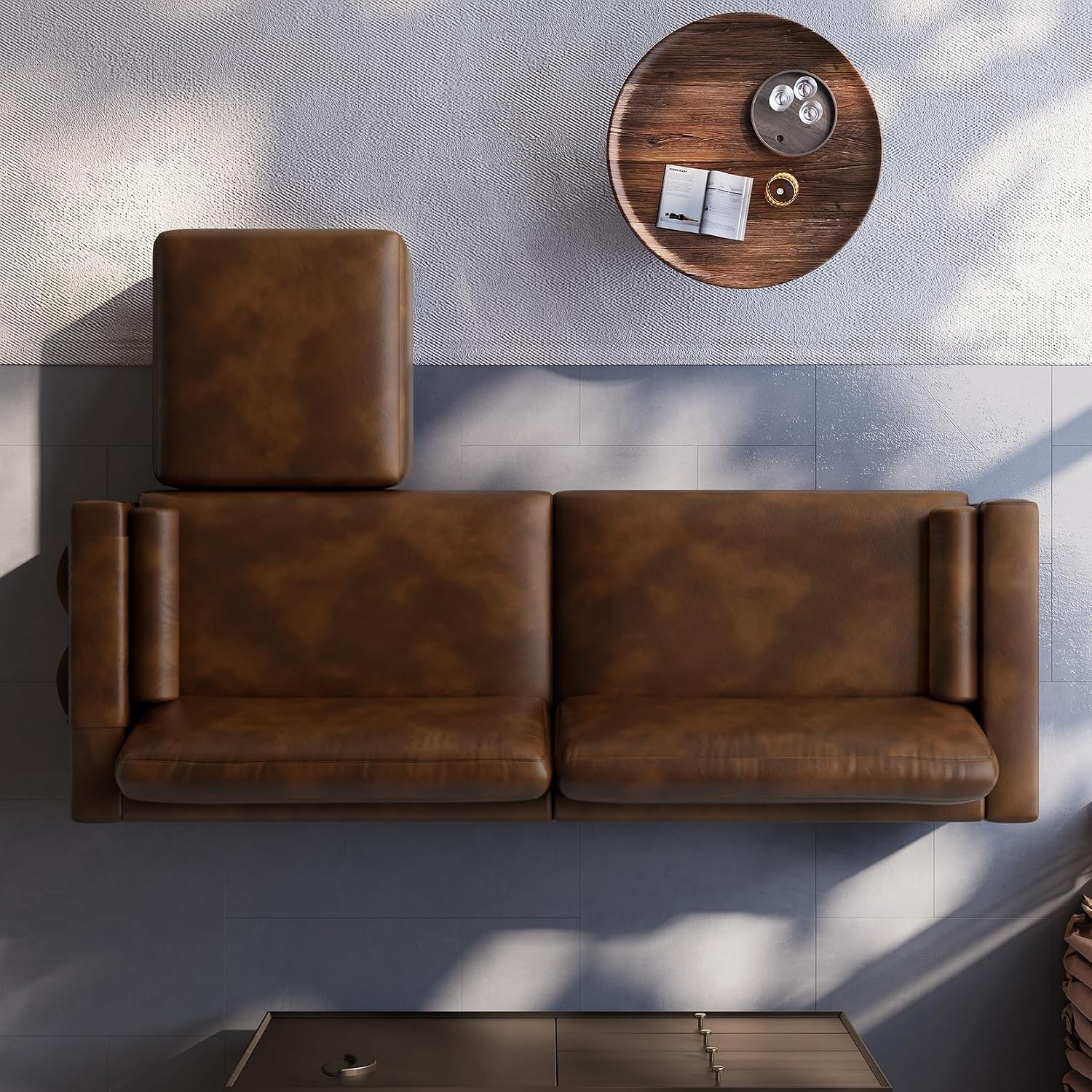 Vesgantti 100' PU Faux Leather Couch with Movable Ottoman, Large 2 Seater L Shaped Leather Sectional Sofa with Side Pocket, Comfy Mid Century Modern Modular Sofa for Living Room, Apartment, Cocoa