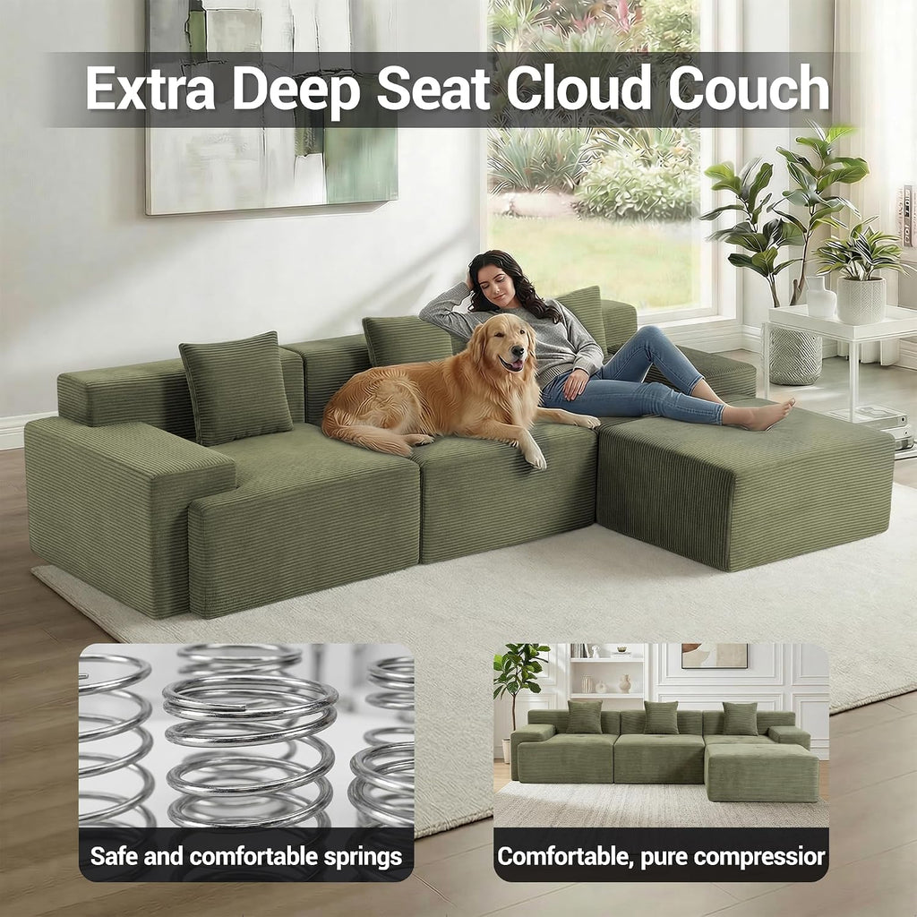 119'' Modular L-Shaped Boneless Sectional, Corduroy Deep Seat Cloud Sectional Couch, Small Space Sofa for Apartment Living Room Bedroom, No Assembly, Green