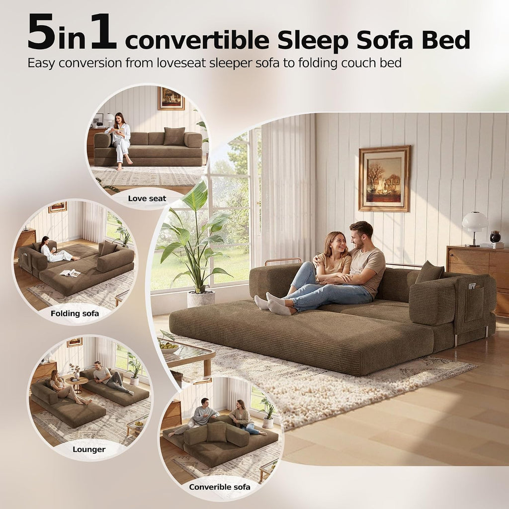 MoonSpeak 78.8''Sleeper Couch Bed for Livingroom,Convertible Modular Sofa with Armrest Pillow,Modular Foldable Corduroy Couches in a Box,No Assembly (Brown)
