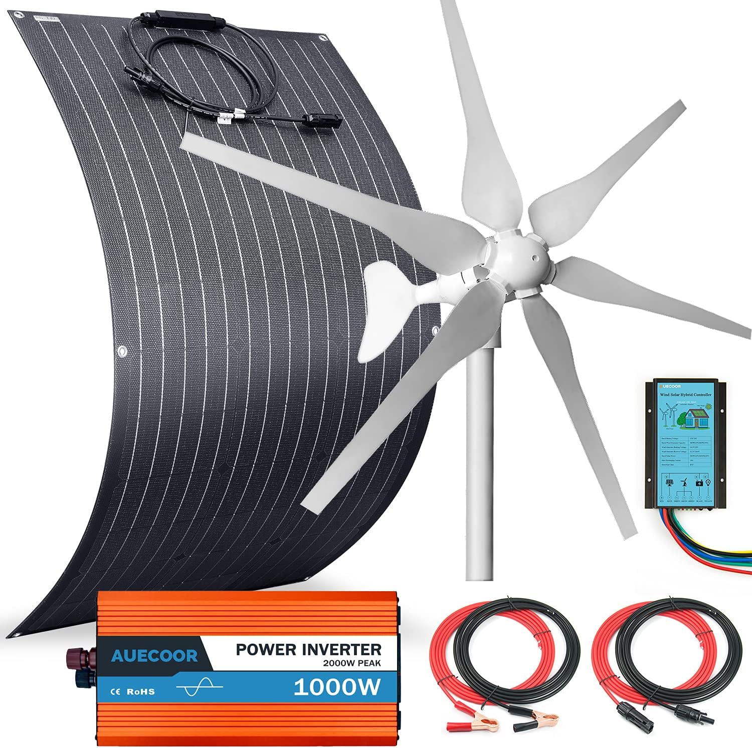 500 Watts 12 Volts Solar Panel Wind Turbine Hybrid System Kit: 100 Watts ETFE Flexible Monocrystalline Solar Panel+400 Watts Wind Turbine+1000W Inverter + Accessories,for Home RV Boats Roofs