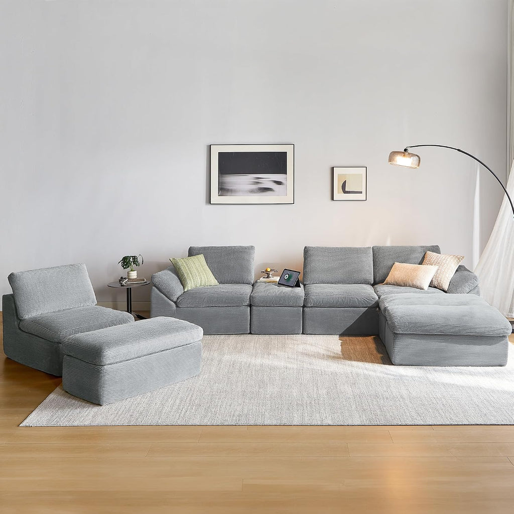 LINSY HOME 139' Modular Couch Modern Boneless Cloud Couch, U Shaped Sofa with Movable Ottomans, Deep Seat Corduroy Sectional Couches for Living Room, Apartment, No Assembly Required, Grey