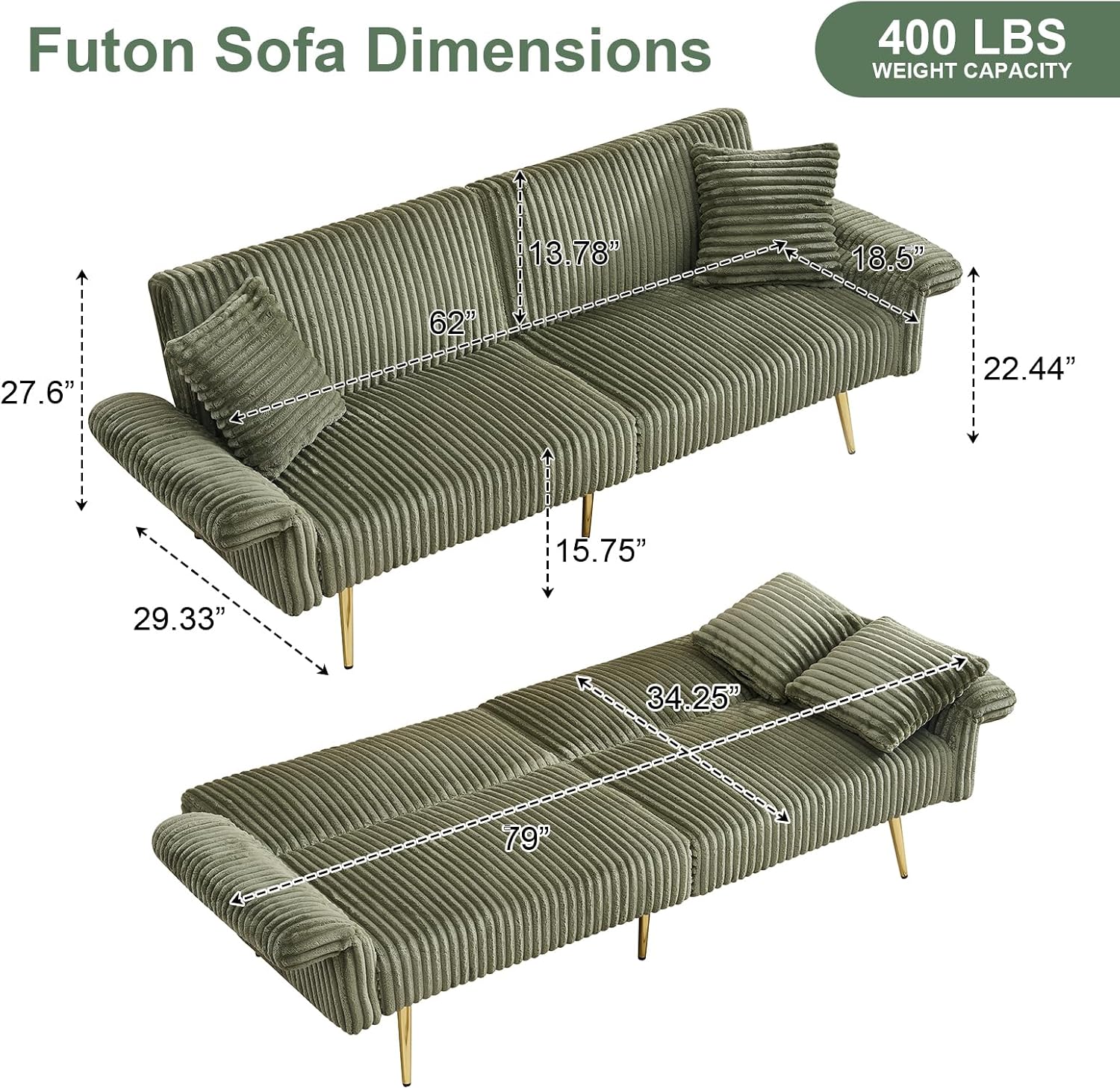 Rovibek Futon Sofa Bed, Convertible Futon Couch Bed with Adjustable Backrest, 2 Pillows, Corduroy Loveseat Futon for Small Spaces, Living Room, Apartment, Office, Green