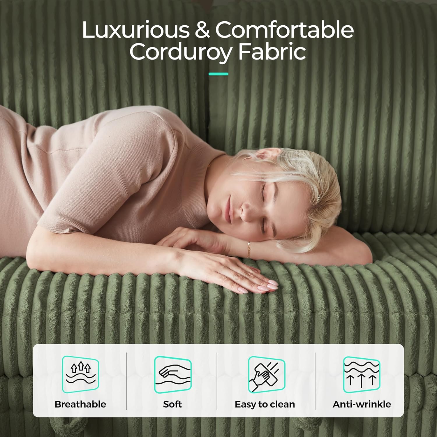 LINSY HOME Sectional Sofa with Pull Out Bed, 6 Seats Corduroy Reversible Sleeper Sofa with Storage Seats & Chaises, USB Ports, Cup Holders, Side Pocket, Sectional Couches for Living Room, Green | Plush corduroy