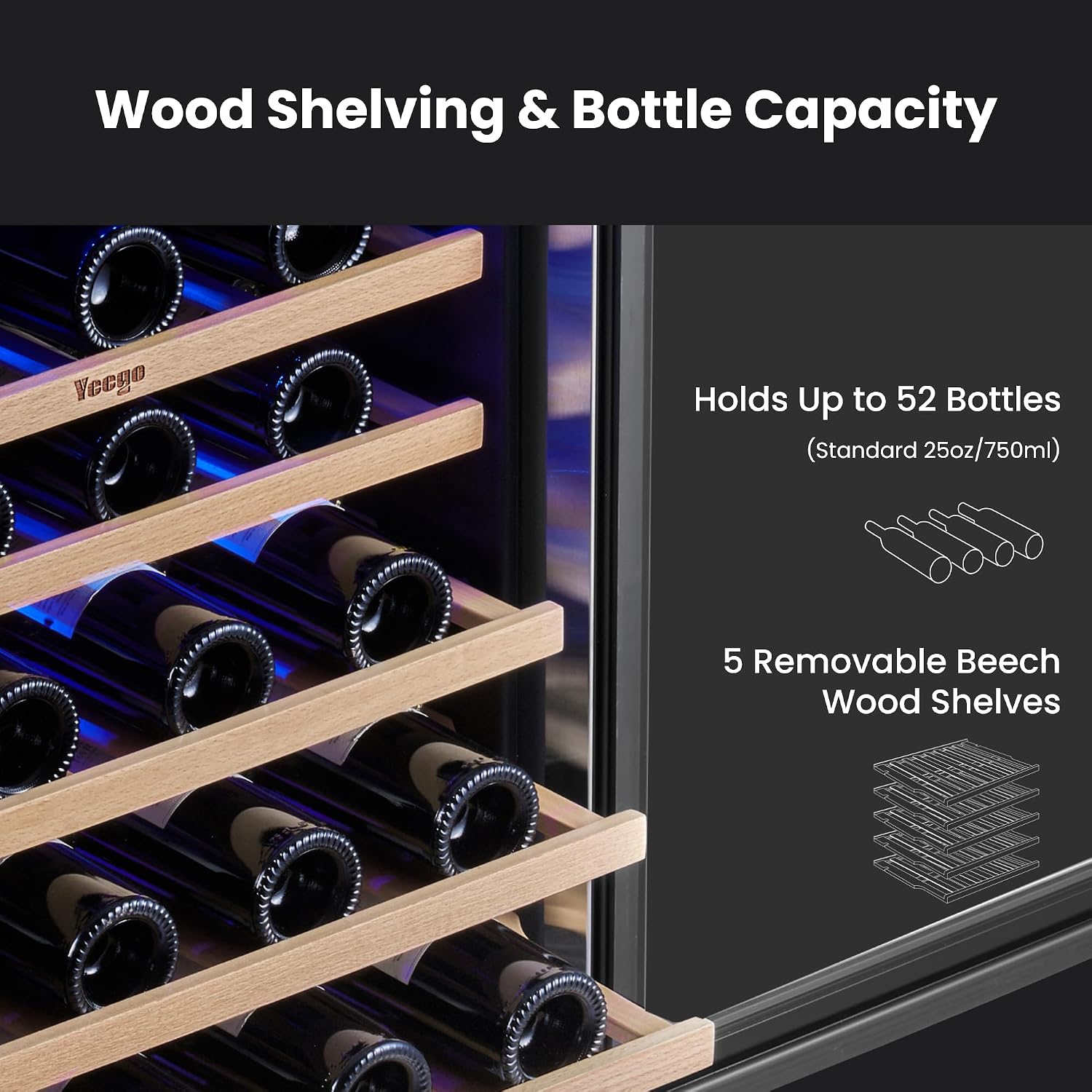 Yeego Wine Fridge Cooler - 24 Inch Wine Fridge Hold 52 Bottles, 40-65°F Wine Refrigerator Glass Door, Built in Fridge, Freestanding Adjustable Shelves Fridge for Beer Soda Drink Home Bar Office