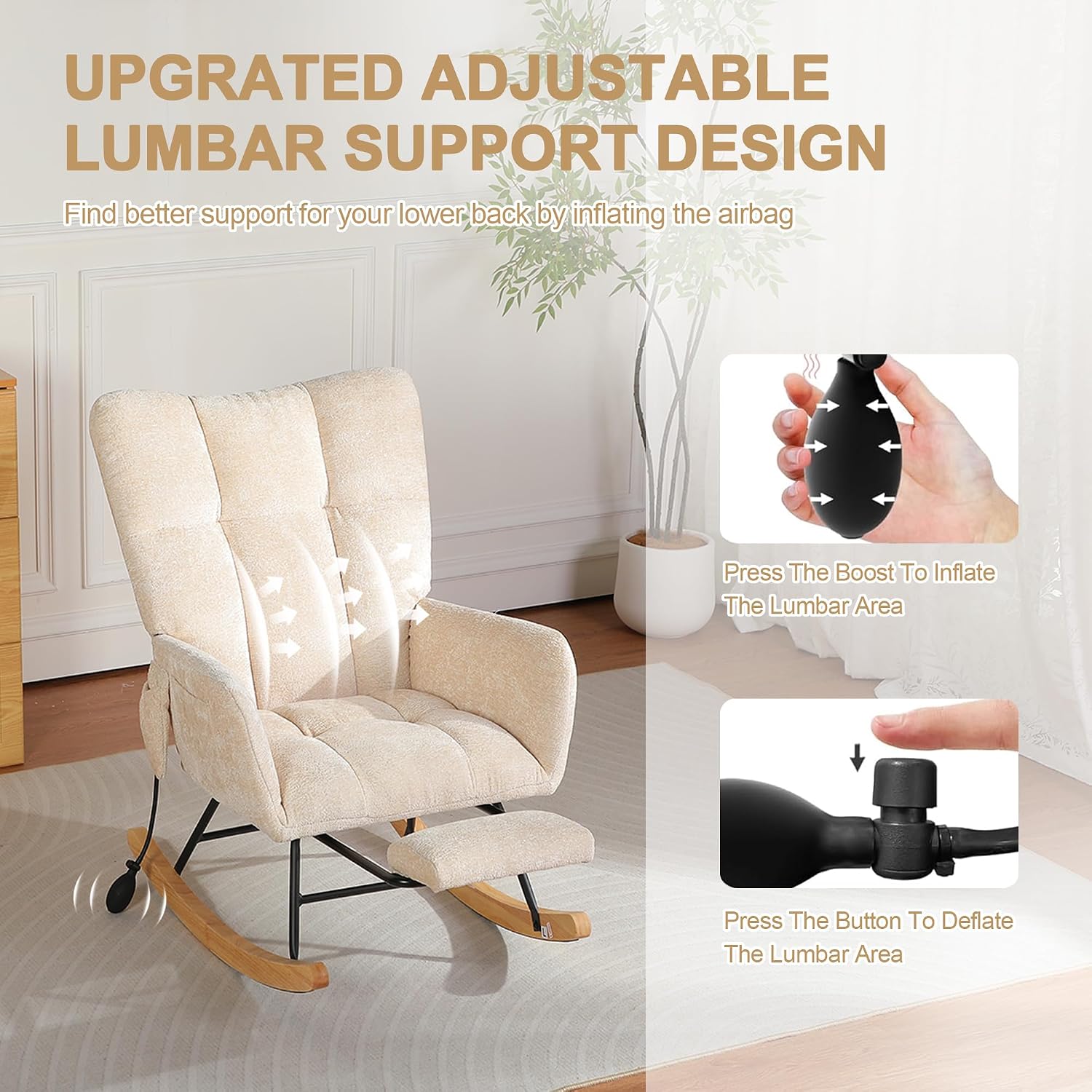 Nursery Rocking Chair with Airbag, Comfy Modern Rocking Reading Chair Indoor with Footrest, Cozy Upholstered Glider Rocker Chairs for Living Room Bedroom Offices, (Chenille, Beige)