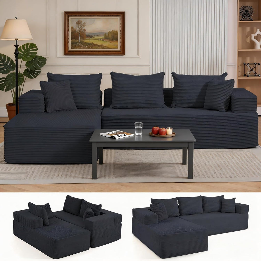 105'' Modular L-Shaped Boneless Sectional, Corduroy Deep Seat Cloud Sectional Couch, Small Space Sofa for Apartment Living Room Bedroom, No Assembly, Black