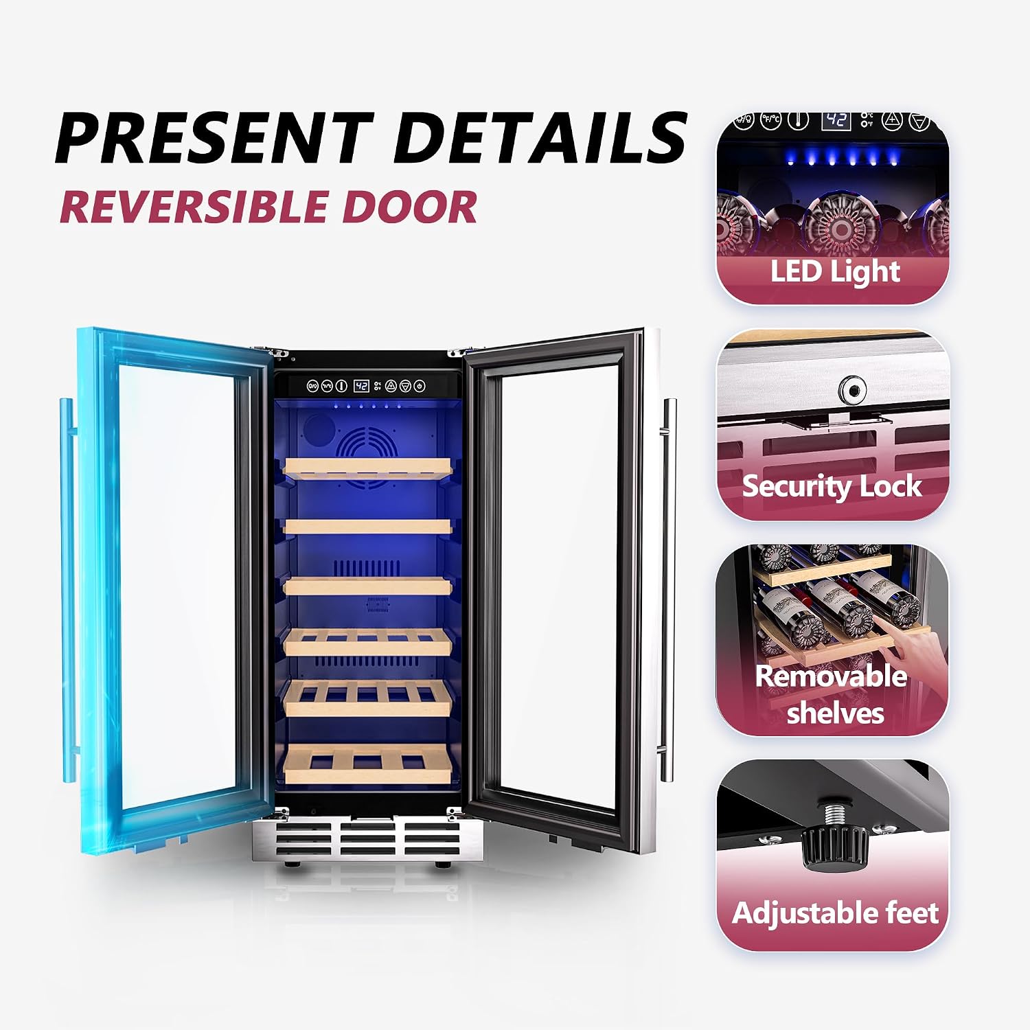 Icyglee 15 Inch Wine Cooler Refrigerator, 30 Bottle Wine Fridge with Stainless Steel Glass Door & Digital Temperature Control, Built-in/Freestanding Wine Cooler with Removable Shelves, 3.6 CU.FT