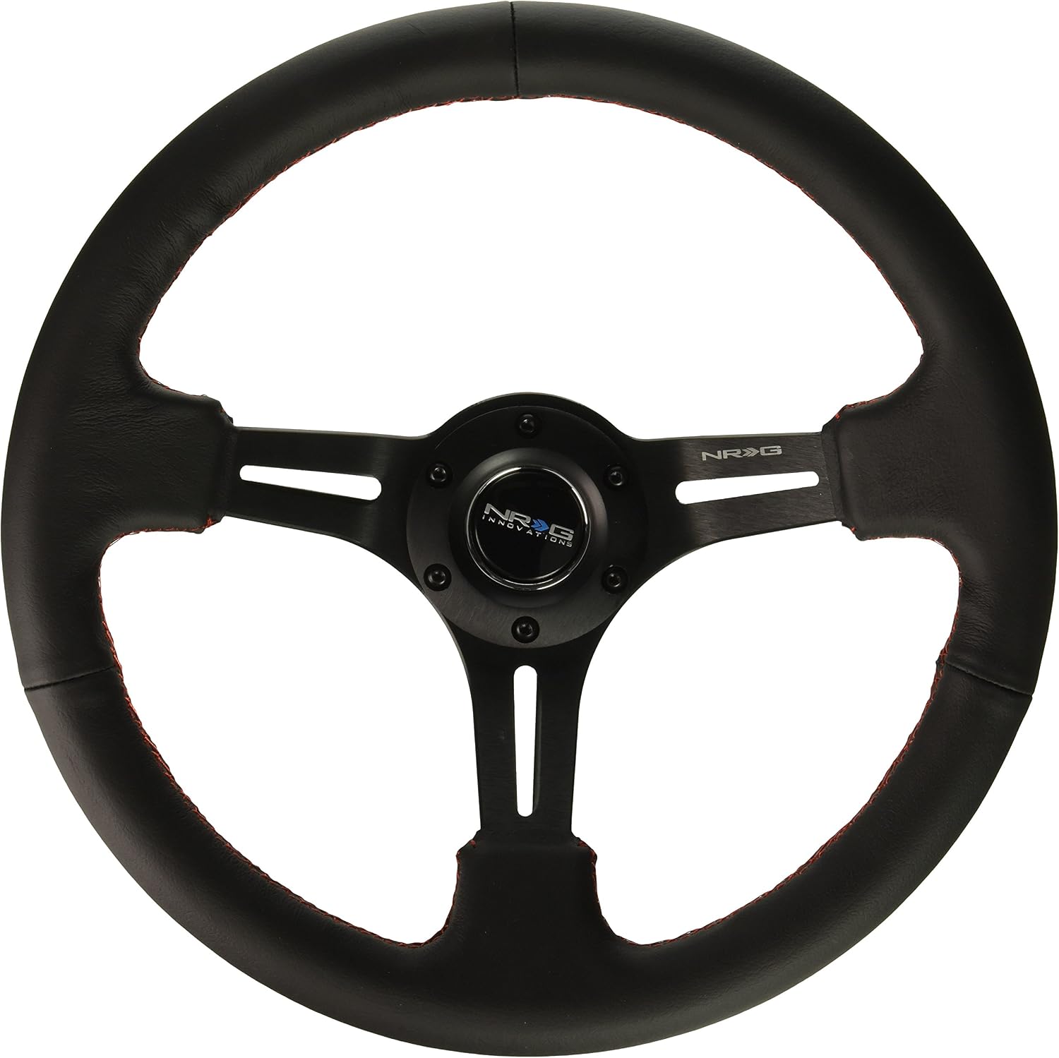 NRG Innovations NRG-RST-018R-RS Reinforced Steering Wheel 350mm Sport Steering Wheel (3' Deep) Black Leather with Red Stitching, Slit Spoke Design over Circular Cut-Outs