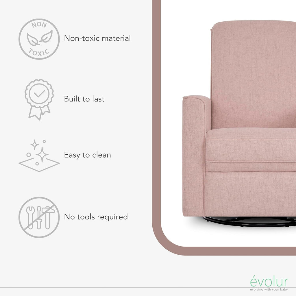 évolur Raleigh Upholstered Manual Glider Recliner– Rocking & 360° Swivel with Smooth Glide – Greenguard Gold & FSC Certified – Modern Nursery and Living Room Chair in Rose