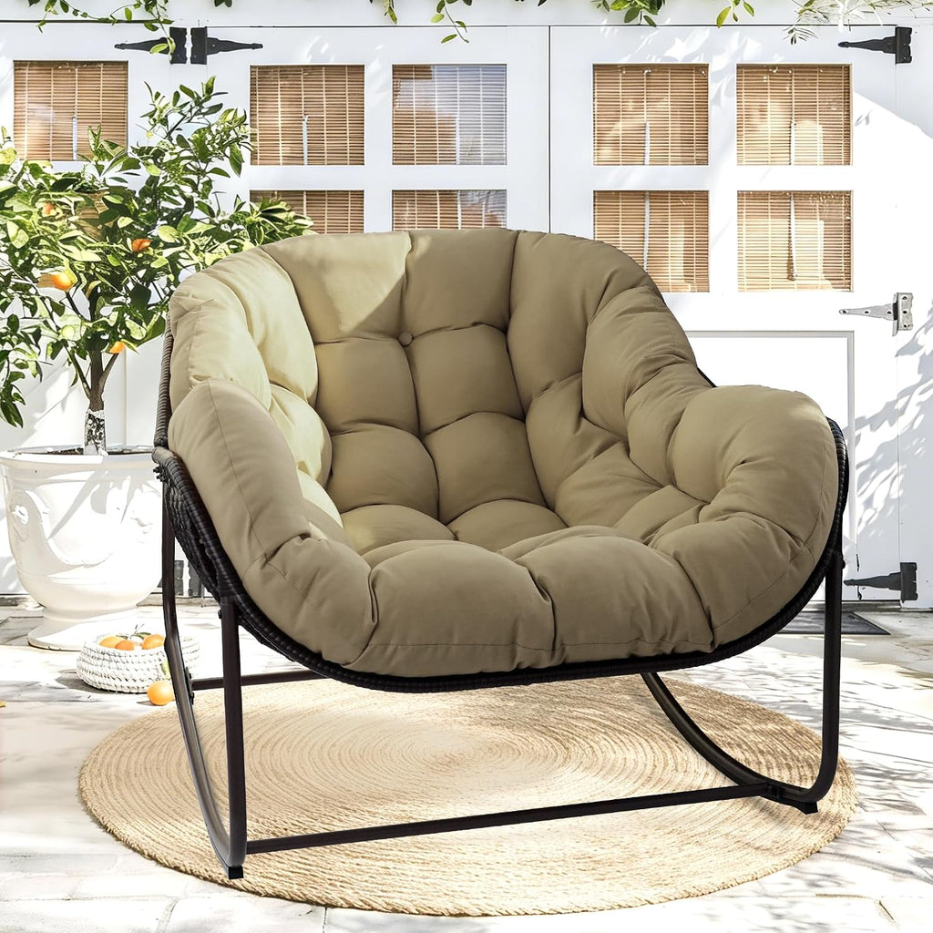 Papasan Rocking Chair Indoor & Outdoor, Oversized Egg-Shaped Papasan Rocker with Cushion & Pillow, All-Weather Wicker Patio Lounge Chair for Garden, Porch, Living Room (Khaki)