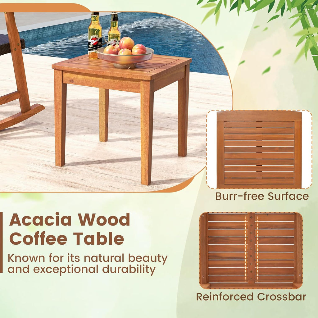 Tangkula 3 Pieces Patio Rocking Chair Set, Patiojoy Acacia Wood Rocker with Side Table, Outdoor Chairs with Wicker Rattan Seat & Backrest, Patio Bistro Set for Garden, Backyard, Poolside