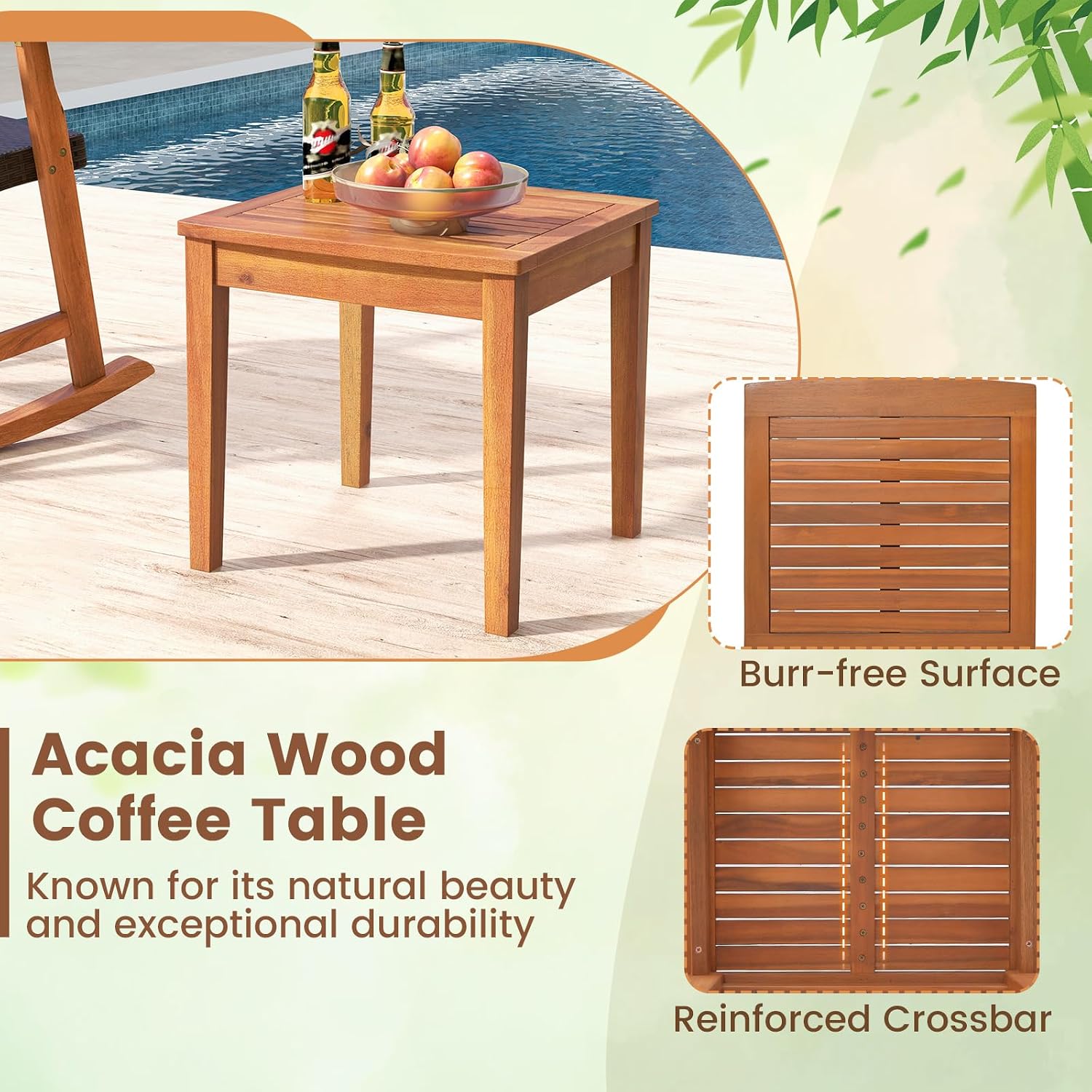 Tangkula 3 Pieces Patio Rocking Chair Set, Patiojoy Acacia Wood Rocker with Side Table, Outdoor Chairs with Wicker Rattan Seat & Backrest, Patio Bistro Set for Garden, Backyard, Poolside