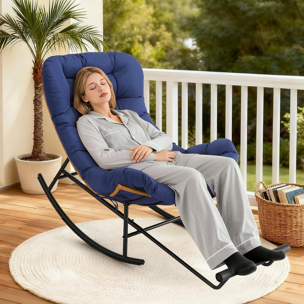 IDEALHOSUE Papasan Rocking Chair with Foot Rest, Ergonomic Papasan Chair with Thick Waterproof Cushion, Metal Frame & PE Rattan Lounge Chairs for Living Room Bedroom Relaxation Space