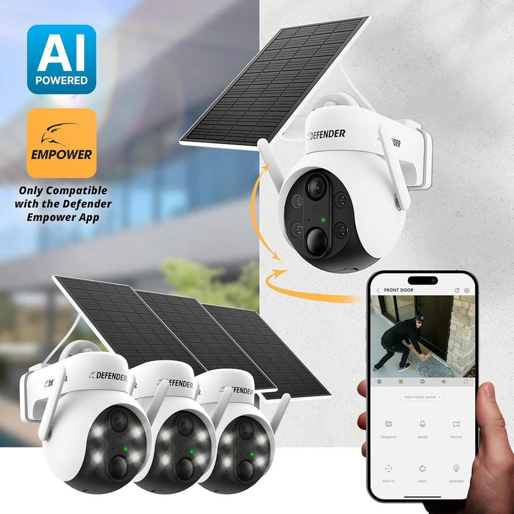Defender Solar Powered Security Camera | 4K/8MP AI Everwatch PTZ | Wireless Outdoor Camera | Night Vision | AI Tracking Camera | Two-Way Talk | Motion Sensor | IP65 Rated | No Monthly Fees | Pack of 3