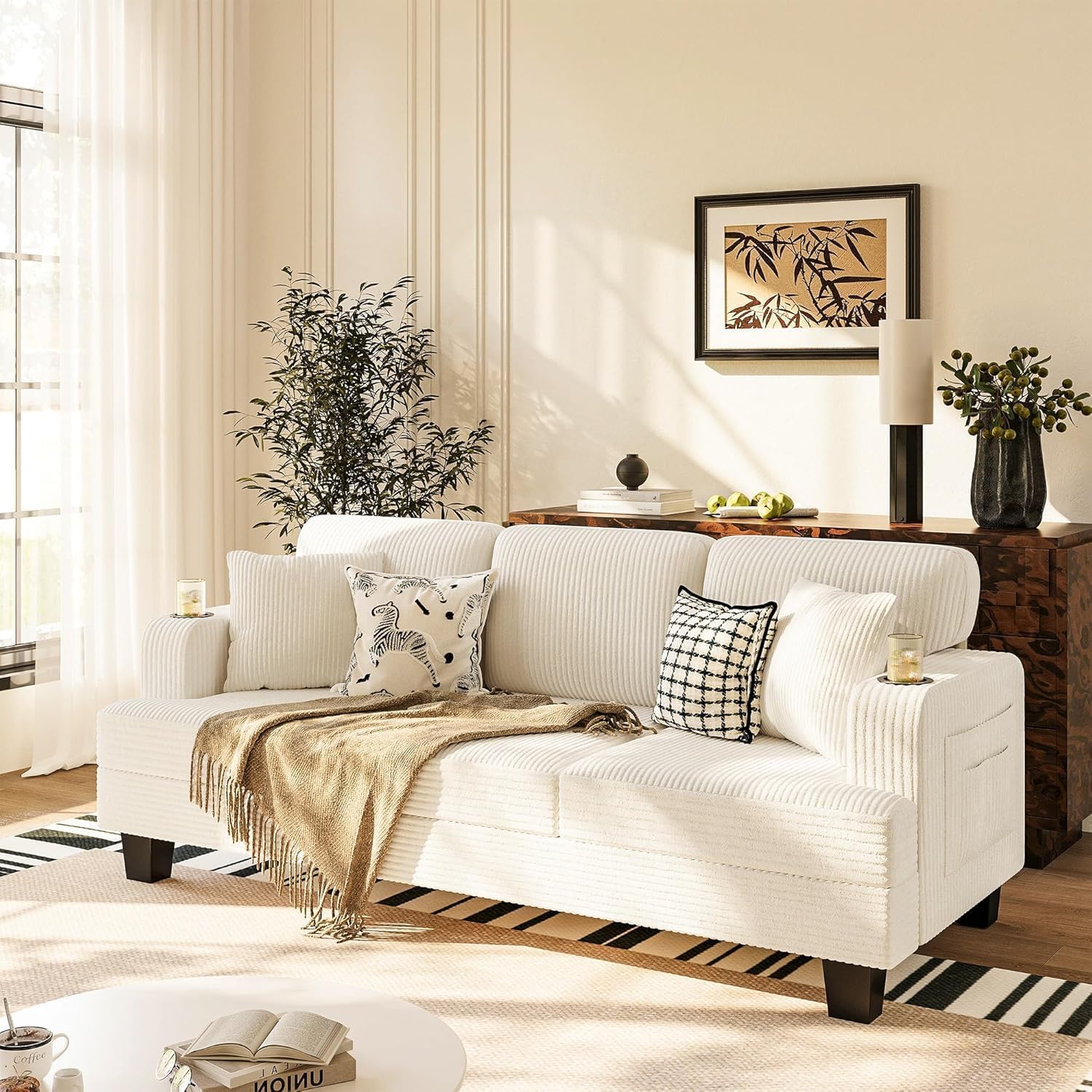 83' Modern Couch with Cup Holders, 3 Seater Couch with Comfy Pillow & Side Storage Pockets, Corduroyn Small Couch with Deep Seat Couch for Living Room, Bedroom, Apartment and Office (Beige)
