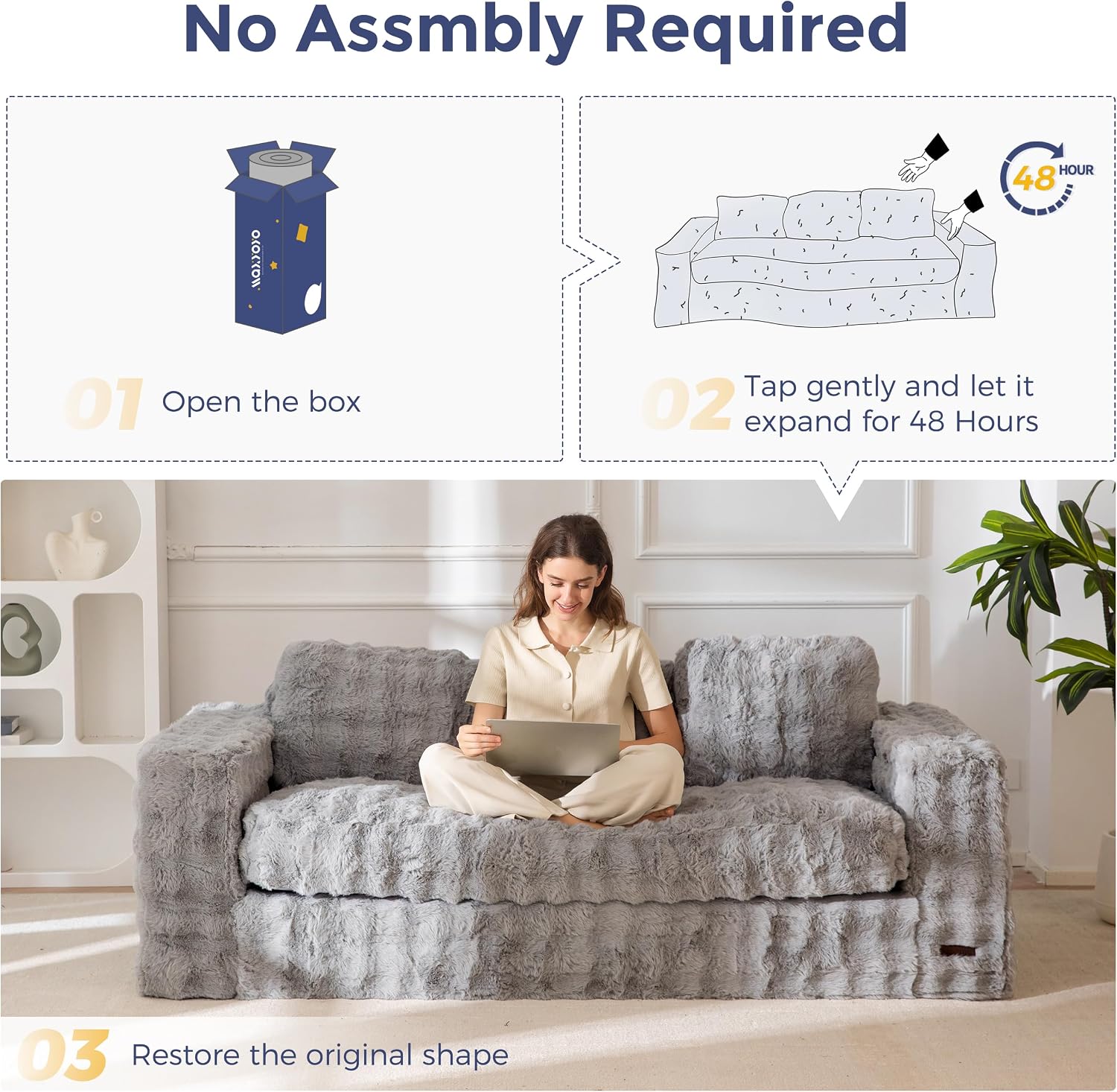 MAXYOYO 3-Seater Boneless Sofa Couch, Modern Bubbled Sofa for Living Room, Soft Bean Bag Chair High-Density Foam Couch with Pillows, No Assembly Required