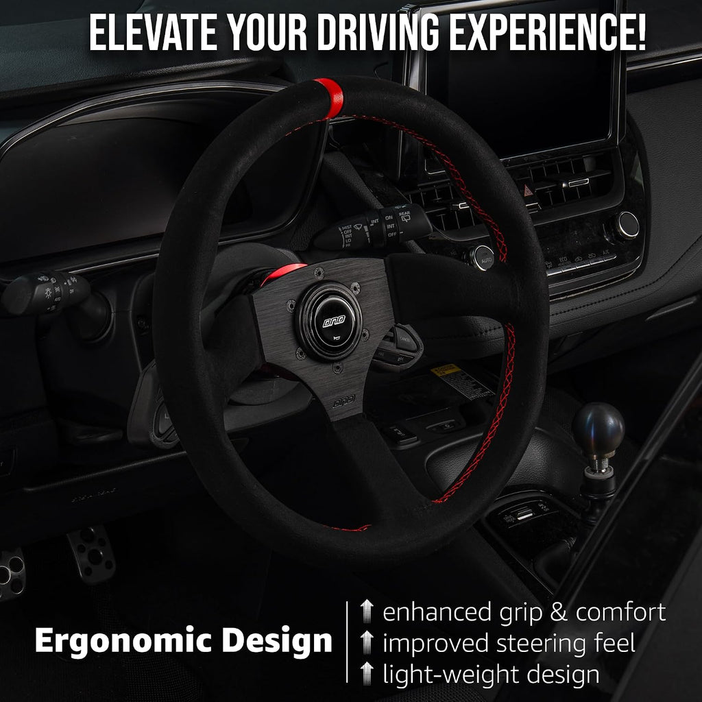 DND Performance Interior's Suede Touring Steering Wheel / 350mm Diameter and 50mm Depth / 6x70mm Bolt Pattern/DND Suede Touring Wheel with Horn Button Included (Colored Stitching) (Red)