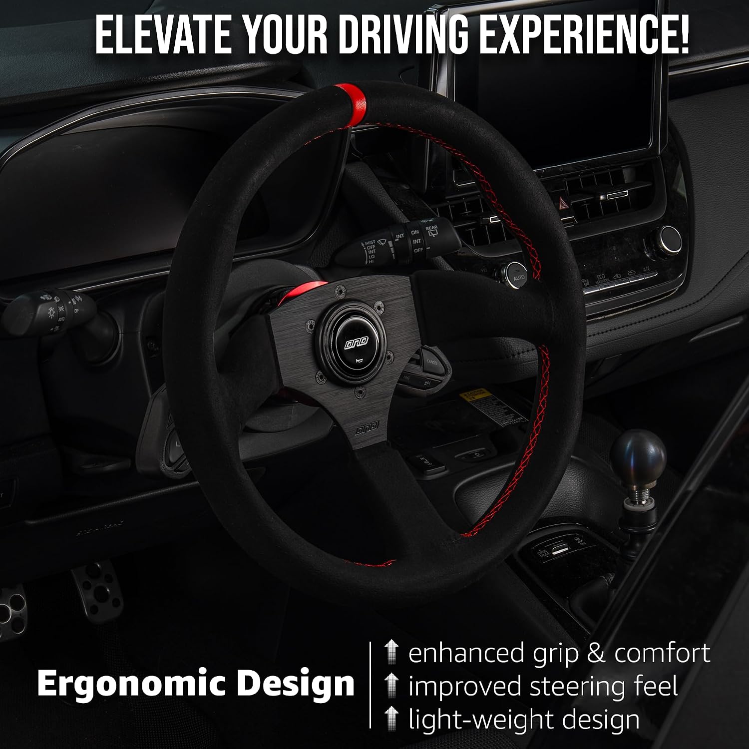 DND Performance Interior's Suede Touring Steering Wheel / 350mm Diameter and 50mm Depth / 6x70mm Bolt Pattern/DND Suede Touring Wheel with Horn Button Included (Colored Stitching) (Red)