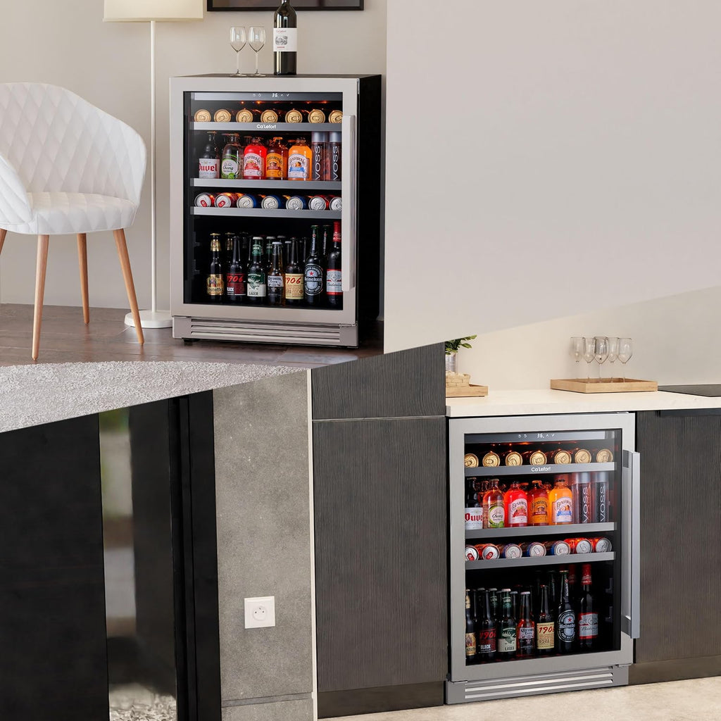 Ca'Lefort 24 Inch Beverage Refrigerator, 180 Can 34°F -54°F Beverage Fridges, Drink Fridge with Glass Door 3 LED Beverage Coolers Built in or Freestanding, Perfect for Home/Kitchen(Left-Hinged)