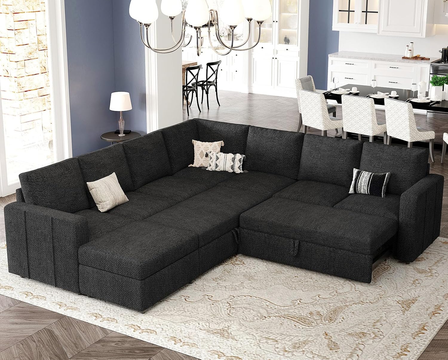 Belffin Modular Sectional Sofa with Sleeper Sofa Couch Pullout Bed, Oversized U Shaped Sleeper Sectional Couch with Storage Seat for Living Room, Dark Grey